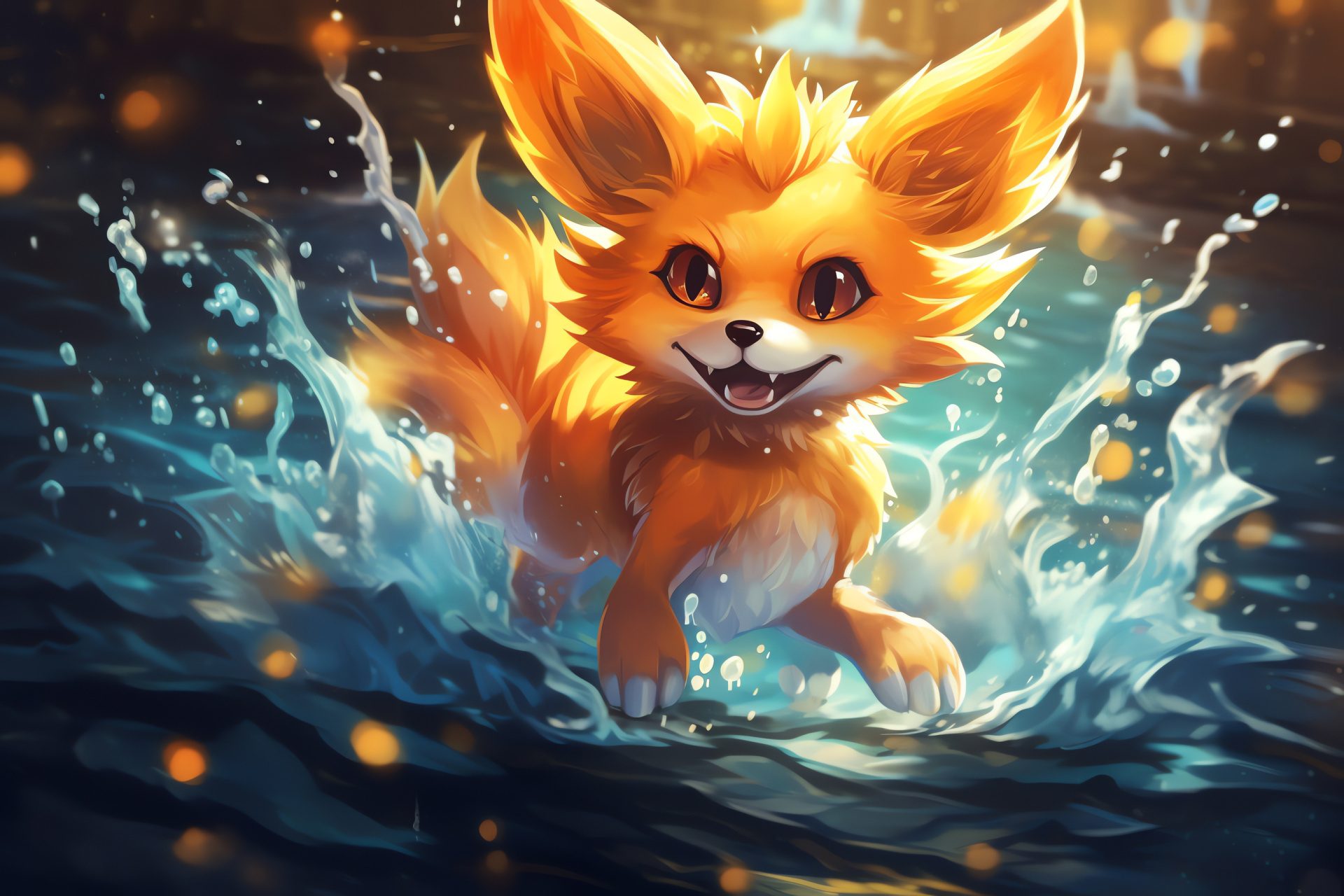 Fennekin by waterside, gentle liquid ripples, splash art, reflective droplets, serene aqua setting, HD Desktop Wallpaper