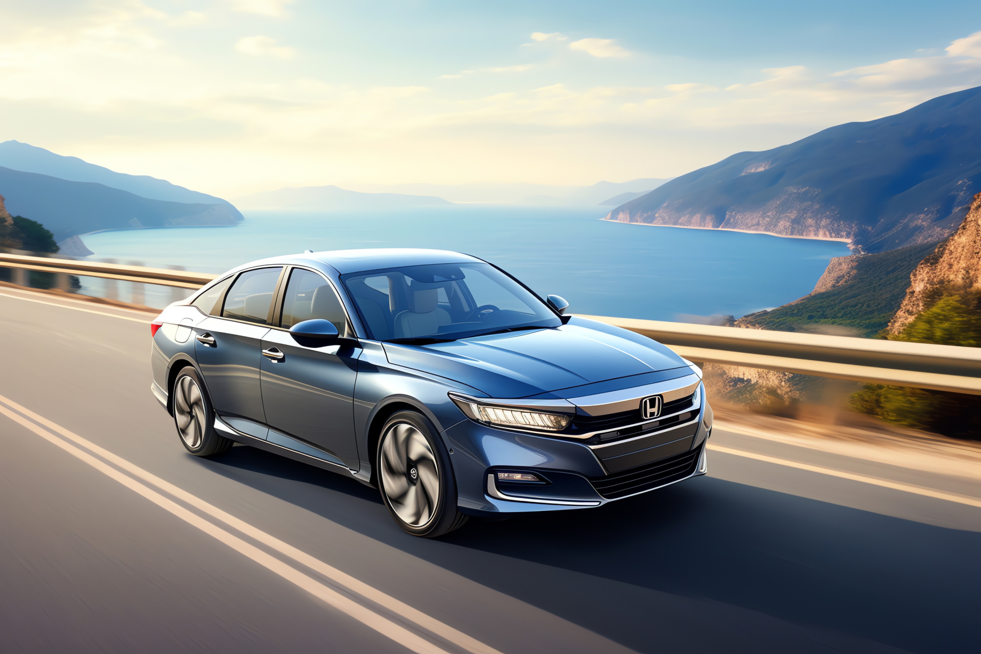 VTEC in Honda Accord Hybrid, rural thoroughfare composition, seamless vehicle scan, engine efficiency depiction, HD Desktop Wallpaper