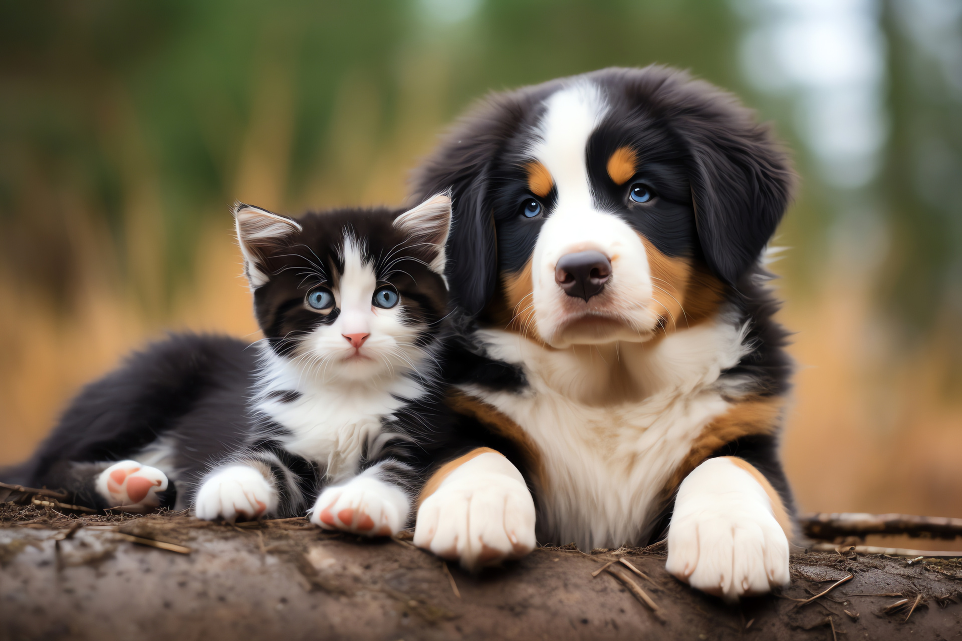 Bernese Mountain Dog puppy, Russian Blue feline, Luscious outdoor scenery, Pet curiosity, Contrasting fur texture, HD Desktop Image