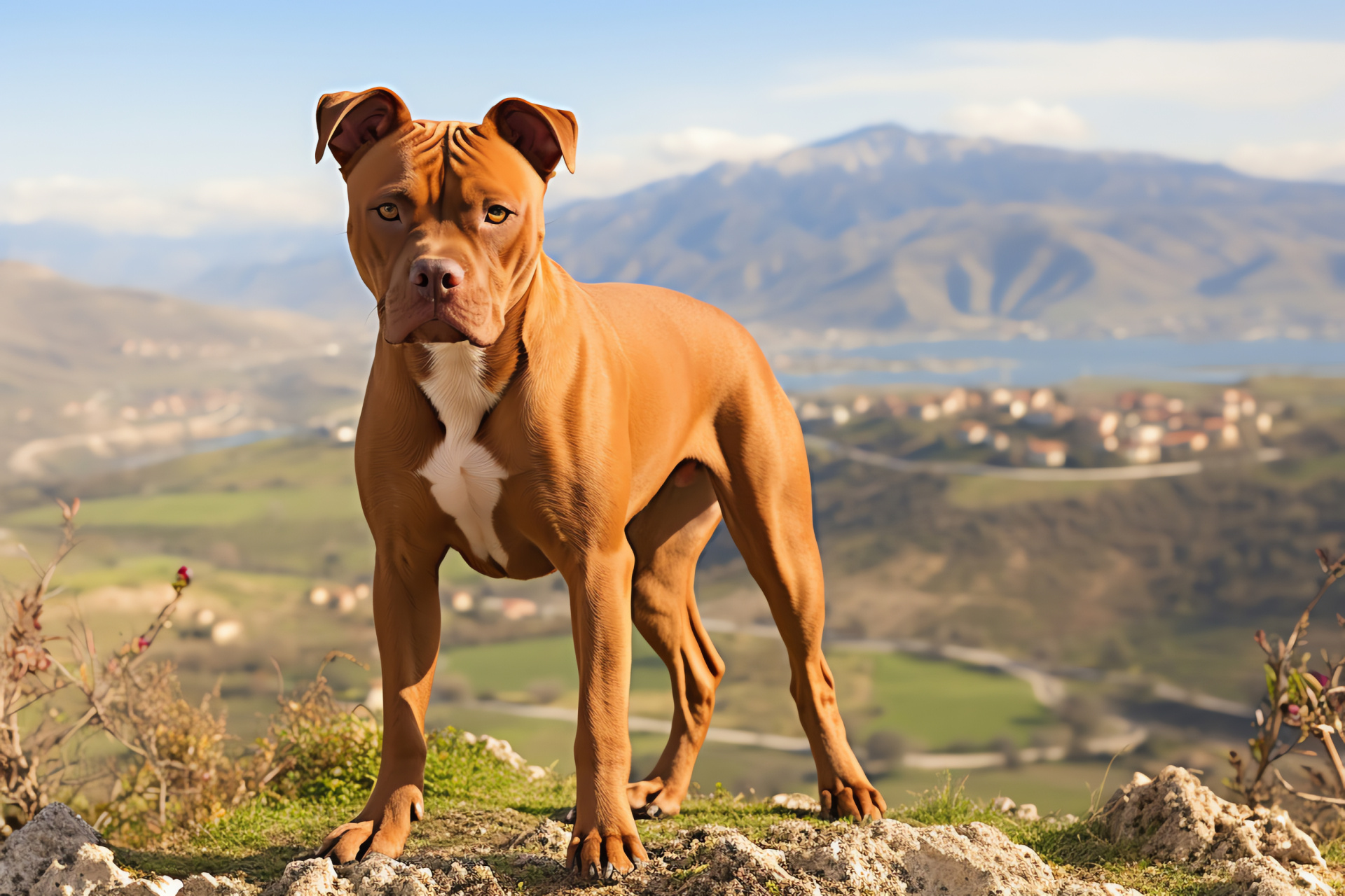 Red Nose Pitbull, vibrant coat, blue-eyed dog, rural backdrop, hillside view, HD Desktop Wallpaper