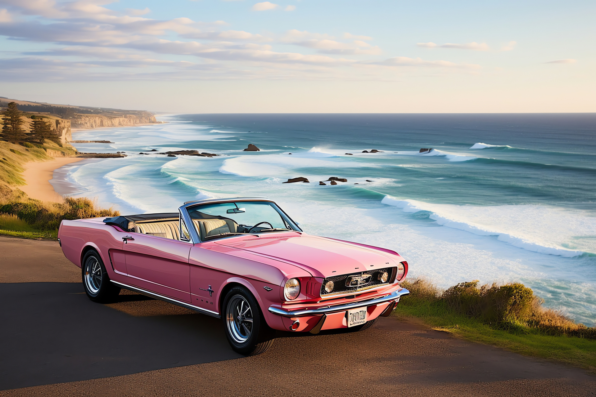 Convertible Pink Cars, Coastal highway adventure, Classic Ford Mustang, Iconic Australian landmarks, HD Desktop Wallpaper