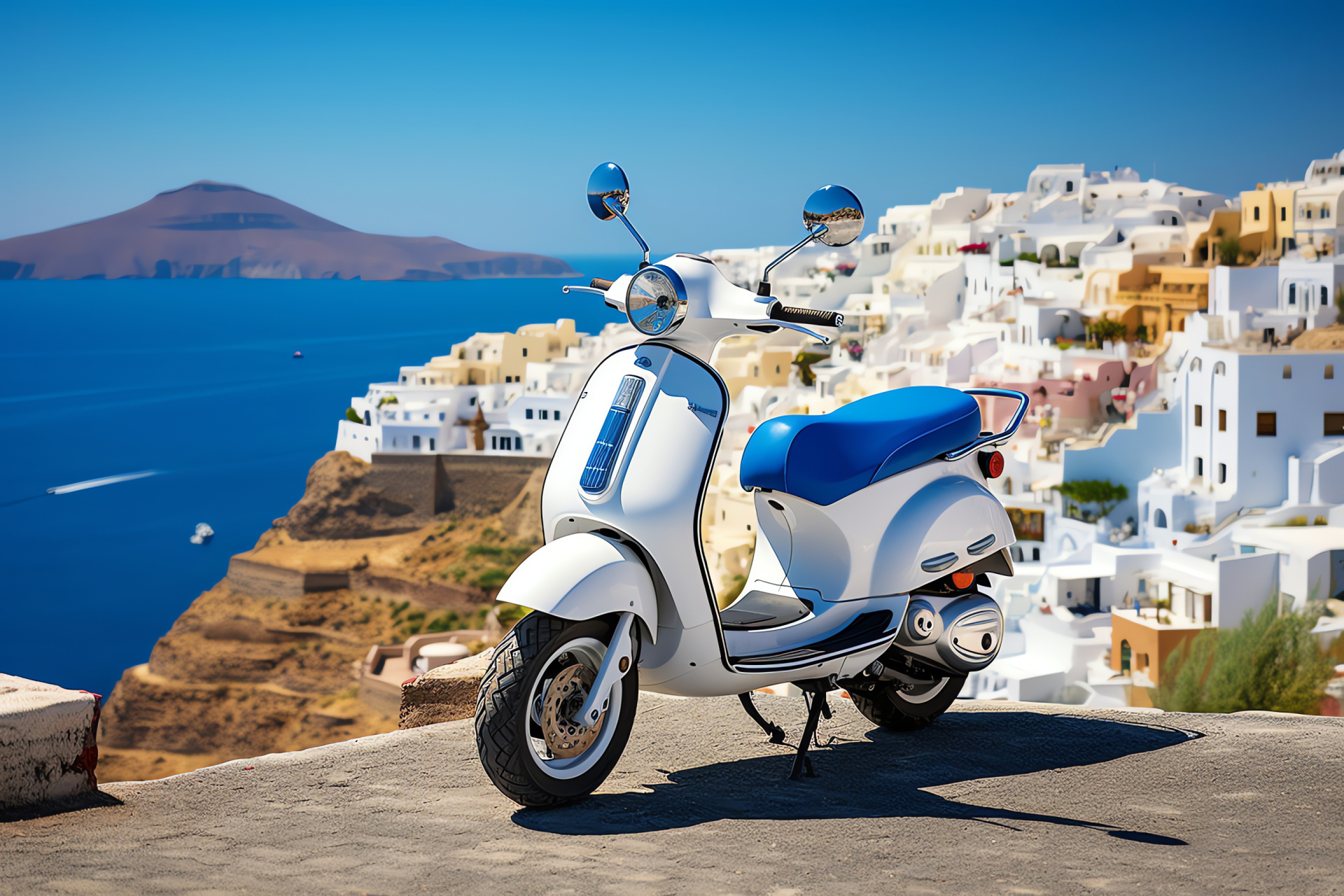 Vespa GTS 300 scooter, Greek island Santorini, Mediterranean architecture, Scooter by sea, Iconic Italian design, HD Desktop Image