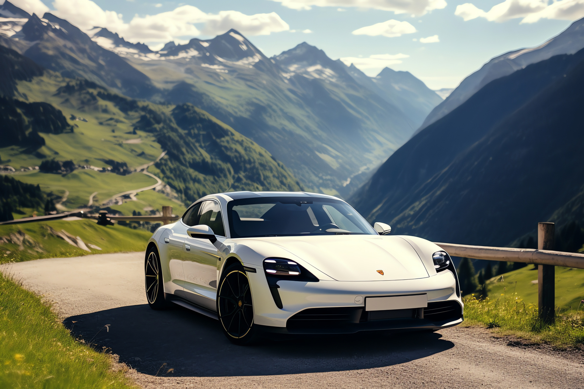 Porsche Taycan, Zero-emission travel, Swiss mountain tour, Contemporary electric sportscar, Gold aesthetic details, HD Desktop Image