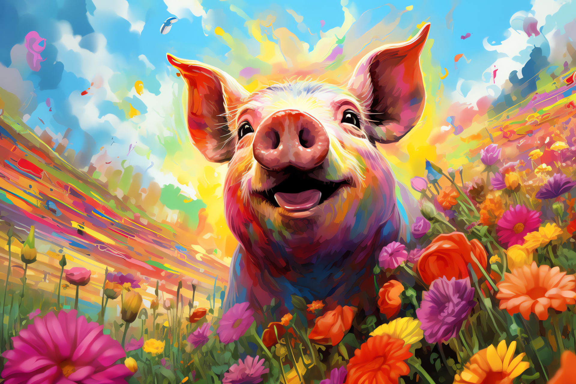 Artistic Pig, Paintbrush creativity, Spectrum fur, Fantasy rainbow, Whimsical gardening, HD Desktop Image