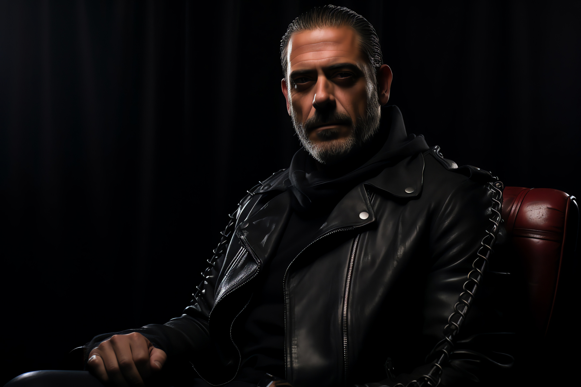 Leather-clad Negan, signature Lucille bat, black theme backdrop, iconic costume piece, dramatic lighting, HD Desktop Image