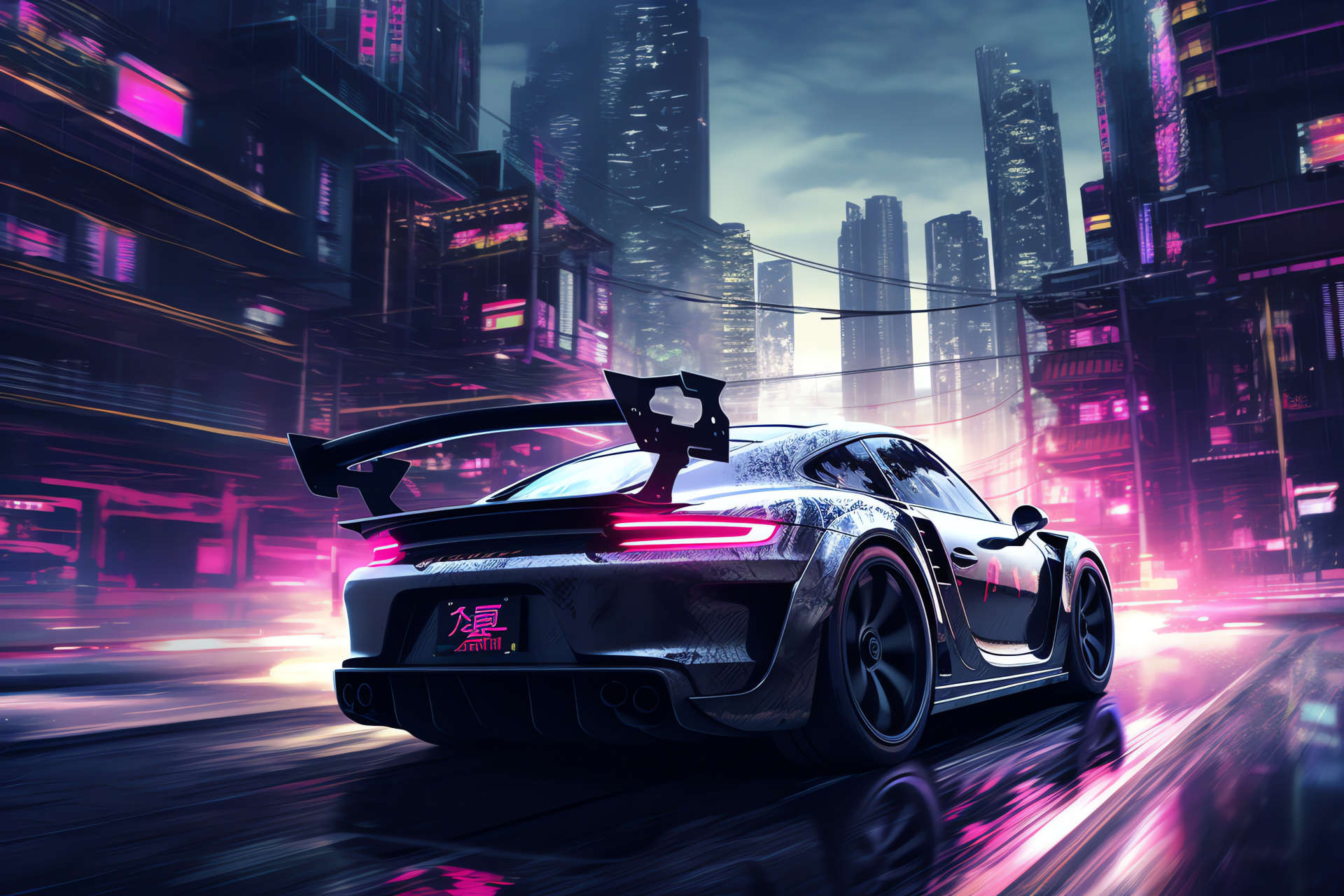 Porsche Cayman GT4 Clubsport, Futuristic urban setting, Aerial urban imaging, Contrast detailing, Sports car aesthetics, HD Desktop Image