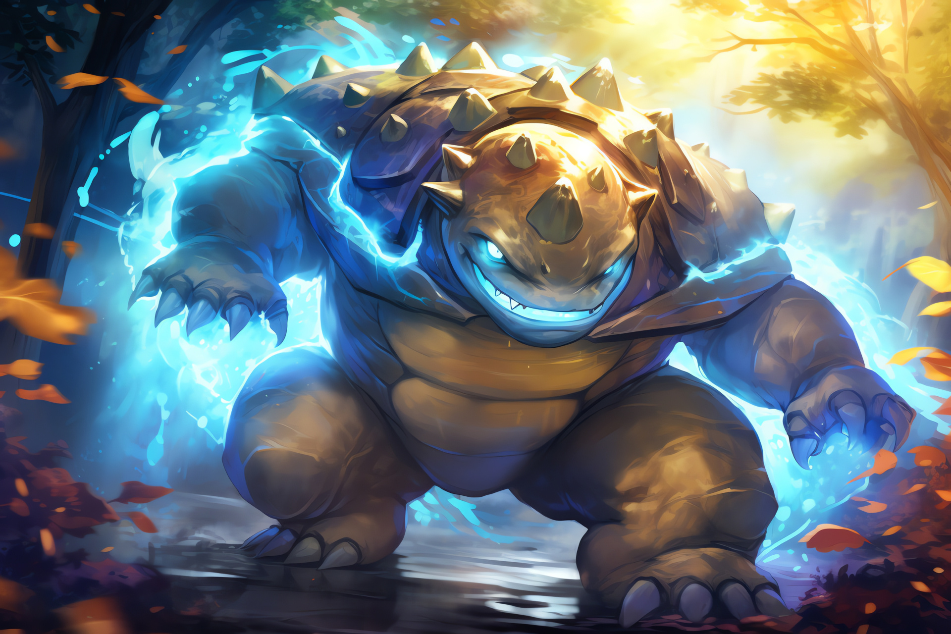 Mystical Blastoise environment, Verdant landscape, Legend-inspired site, Autumnal light, Signature move showcase, HD Desktop Wallpaper