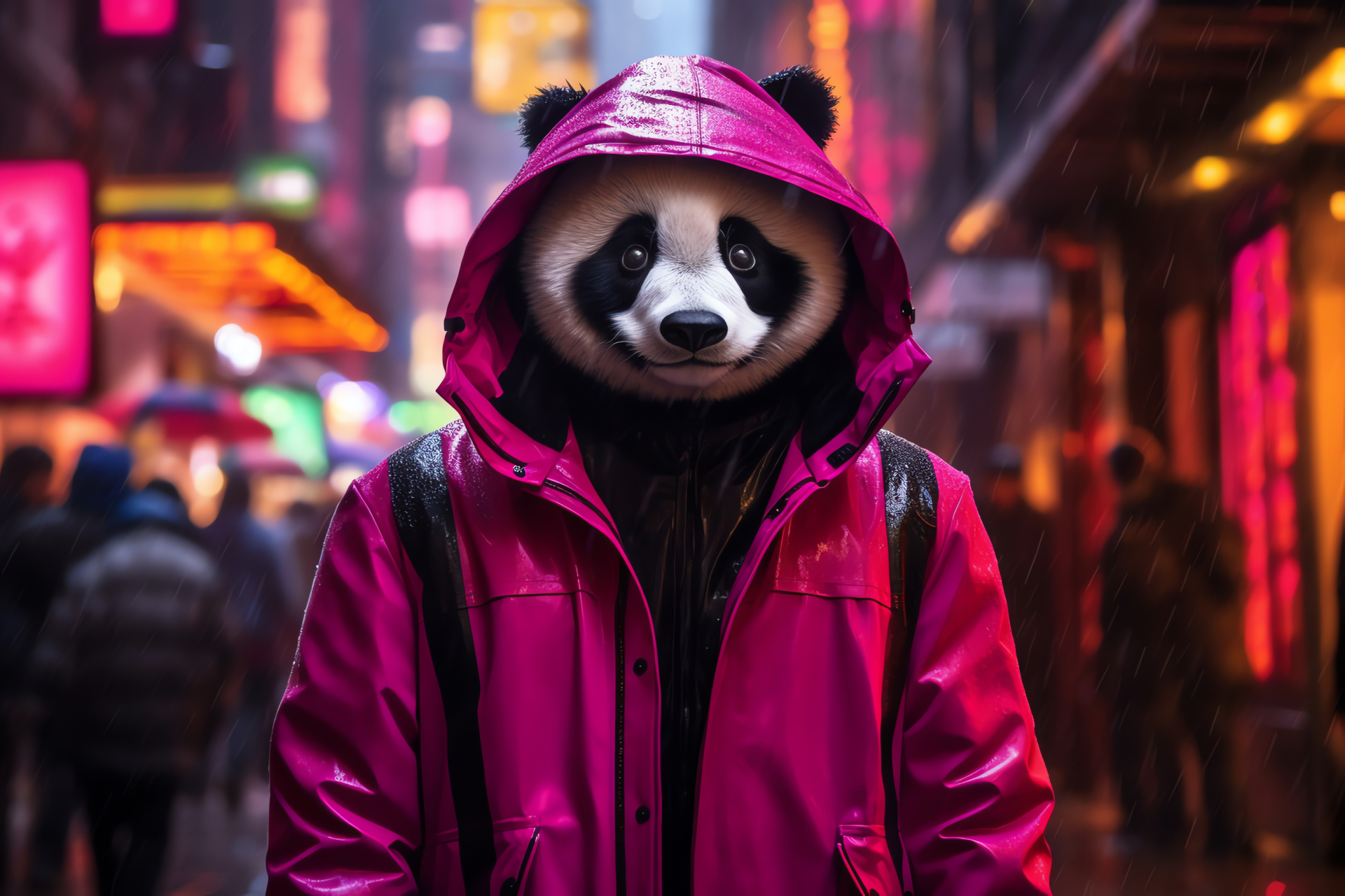 Panda variant, neon vibrancy, night life backdrop, sleek fur texture, playful urban ambience, HD Desktop Image