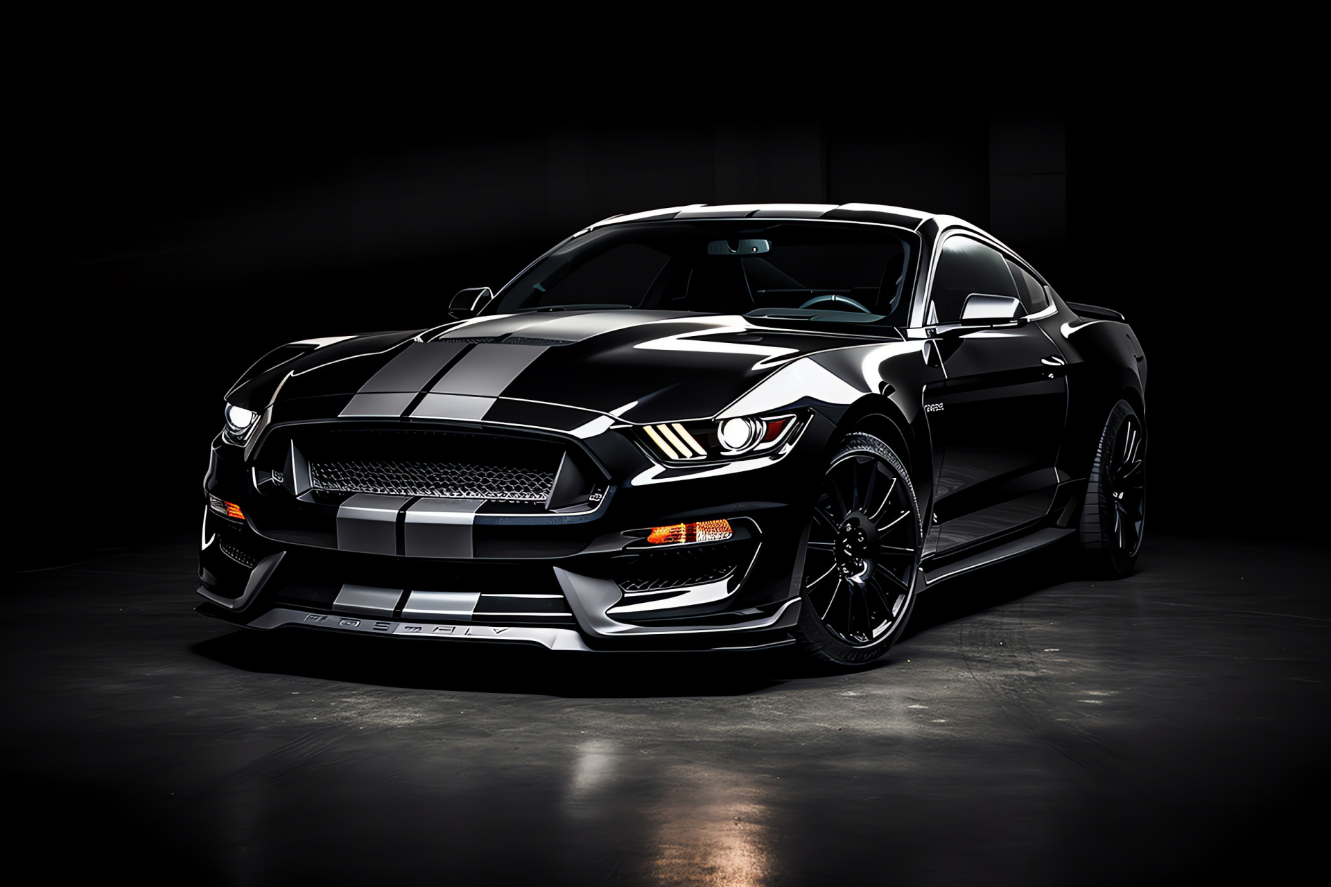 Black Mustang GT350, High-angle auto photography, Pure monochromatic setting, Contrast detail capture, HD Desktop Wallpaper