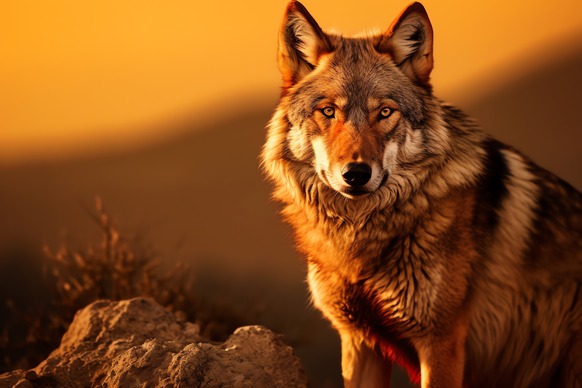 Canis rufus species, Glinting ocular feature, Fiery-tinted fur, Burnt sienna shades, Dynamic texture, HD Desktop Image