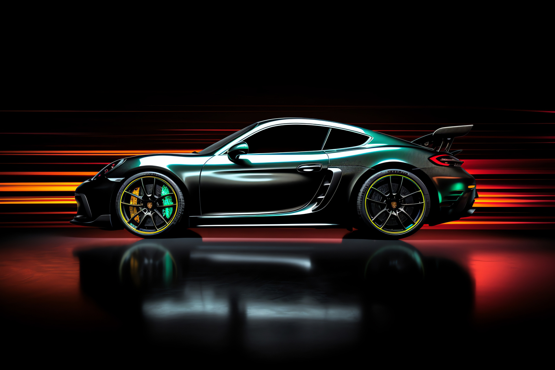 Porsche Cayman GT4 vibrancy, Green German sports car, Sideways spectacle, Artistic urban setting, Mixed color exploration, HD Desktop Image