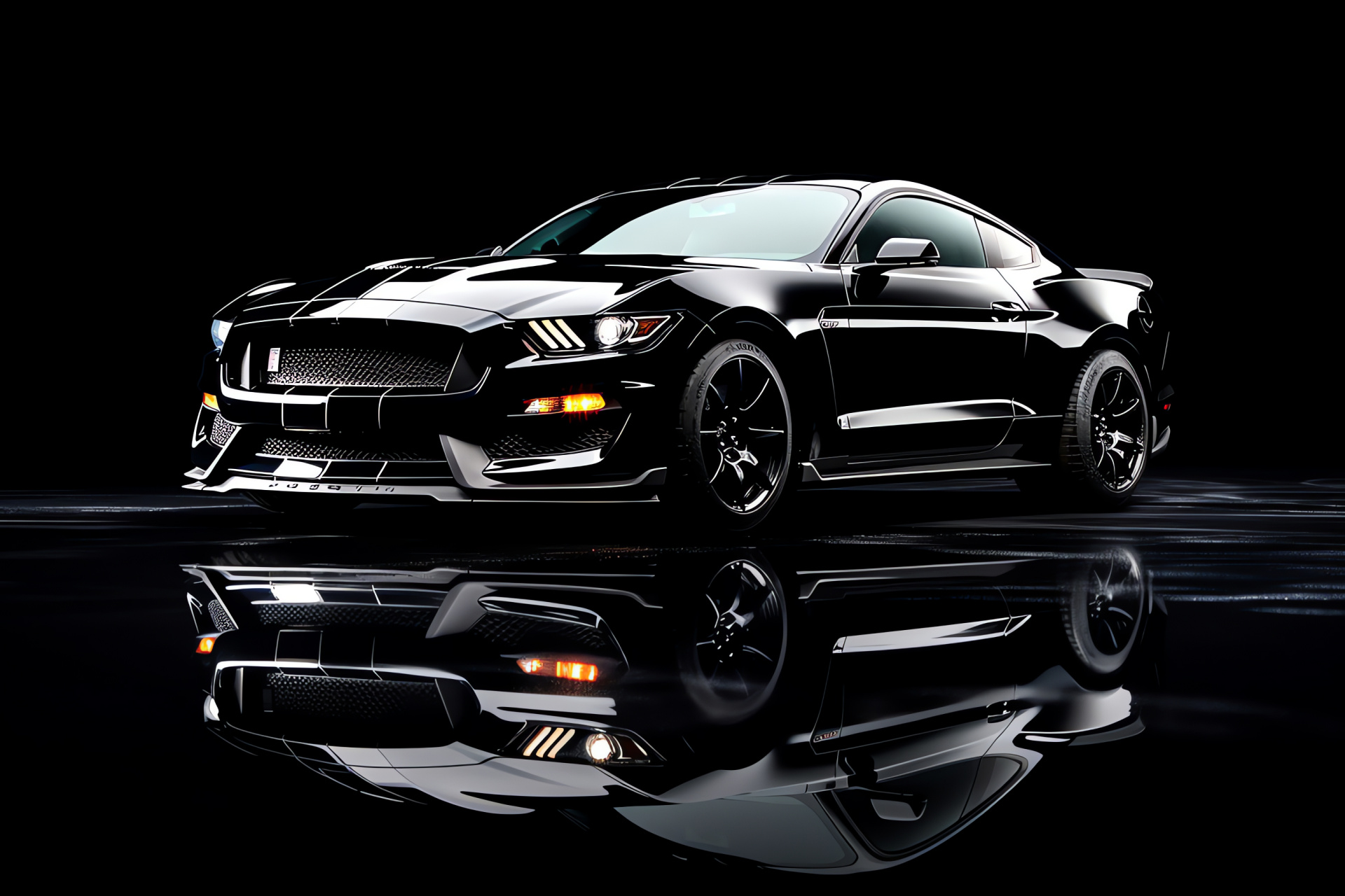 Ford Mustang GT350, Pure black canvas, Angular observation, Design contrast, Dramatic car presentation, HD Desktop Wallpaper