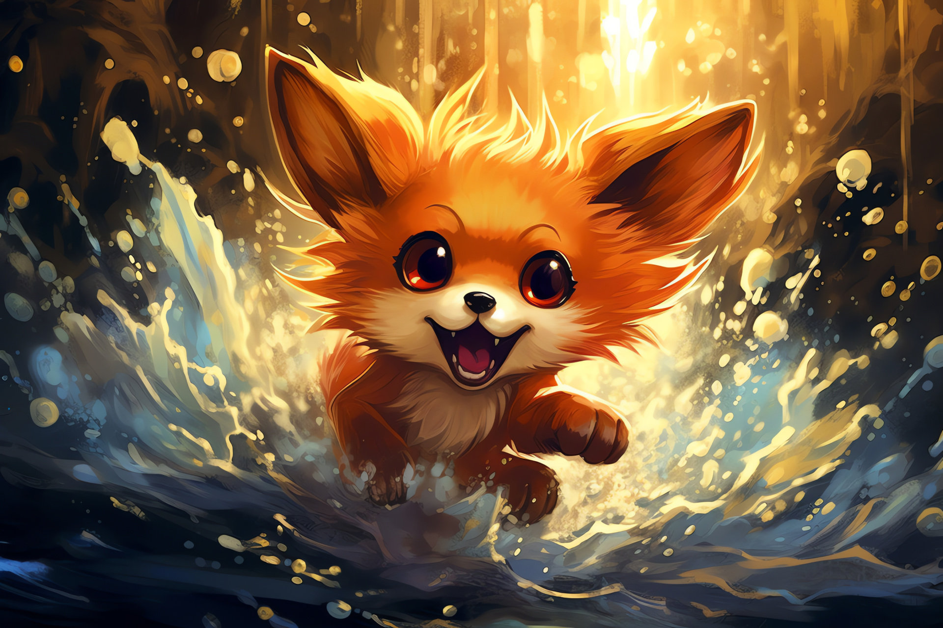 Fennekin depiction, pyrokinetic trait, mirrored surface, scattered plash, liquid spheres, HD Desktop Image