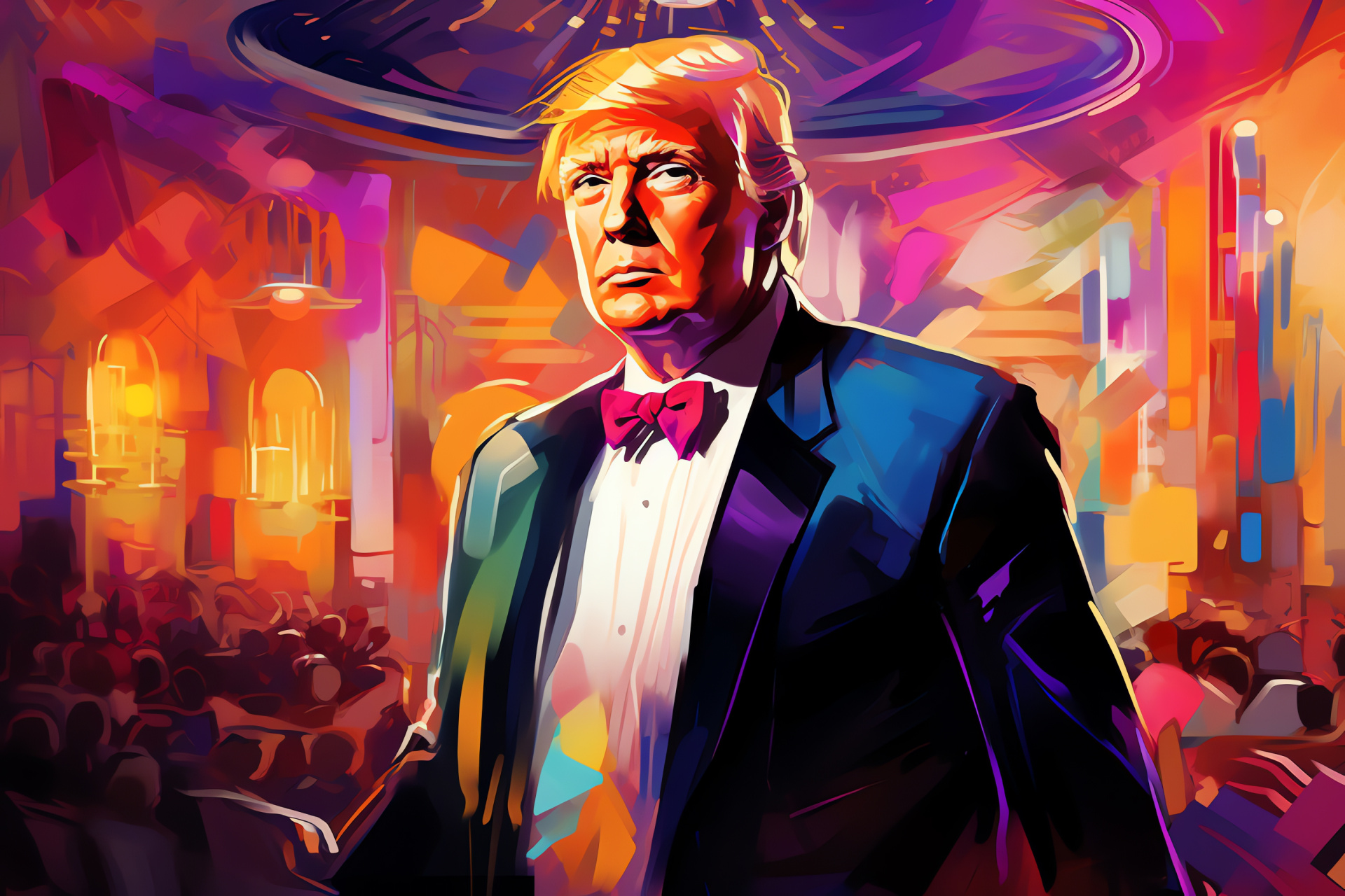 Trump attending gala, opulent ballroom atmosphere, glittering chandeliers overhead, bespoke tailored tuxedo, HD Desktop Image