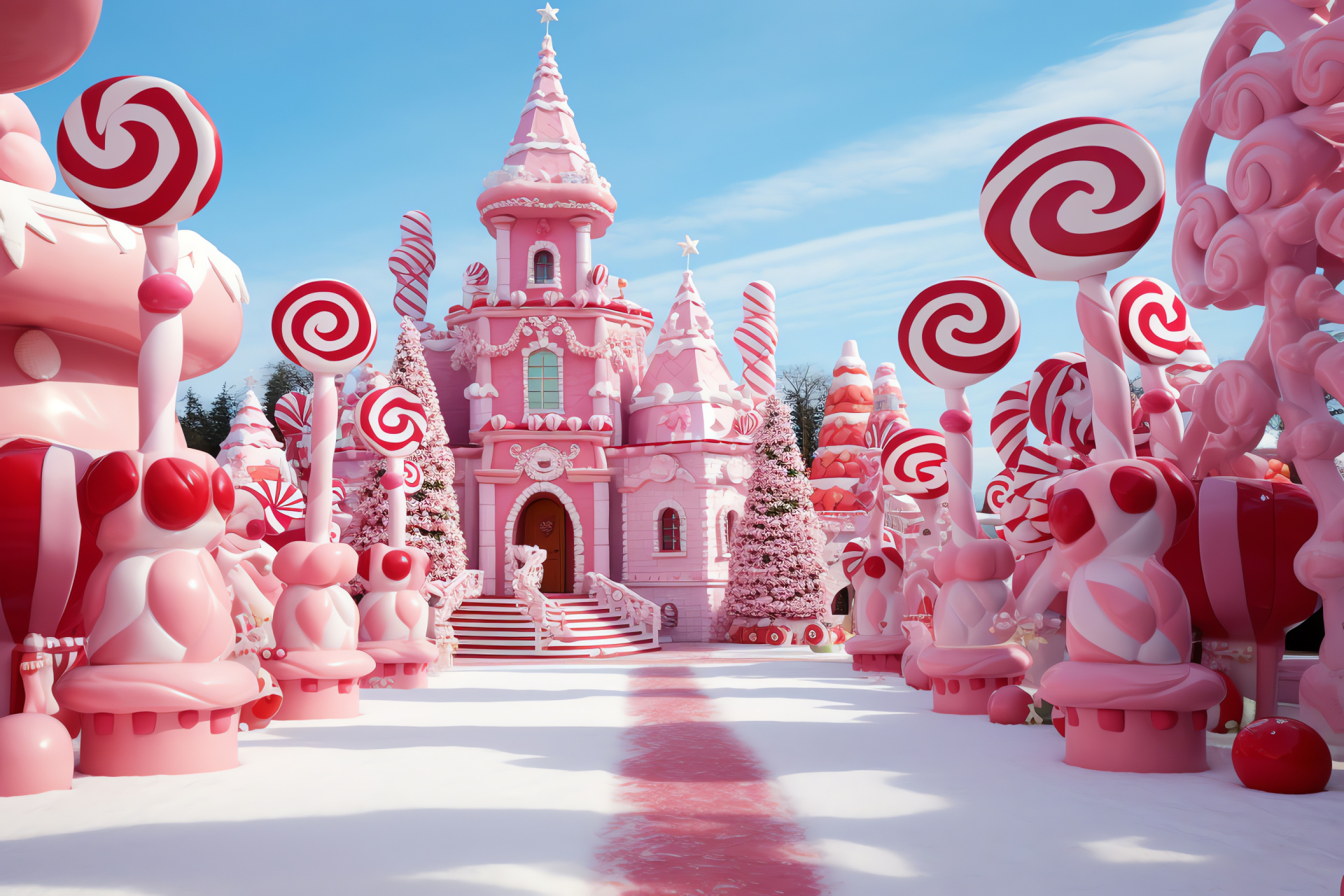 Fantasy celebration, whimsical landscape, sugary decor, enchanted playland, festive sweetness, HD Desktop Image