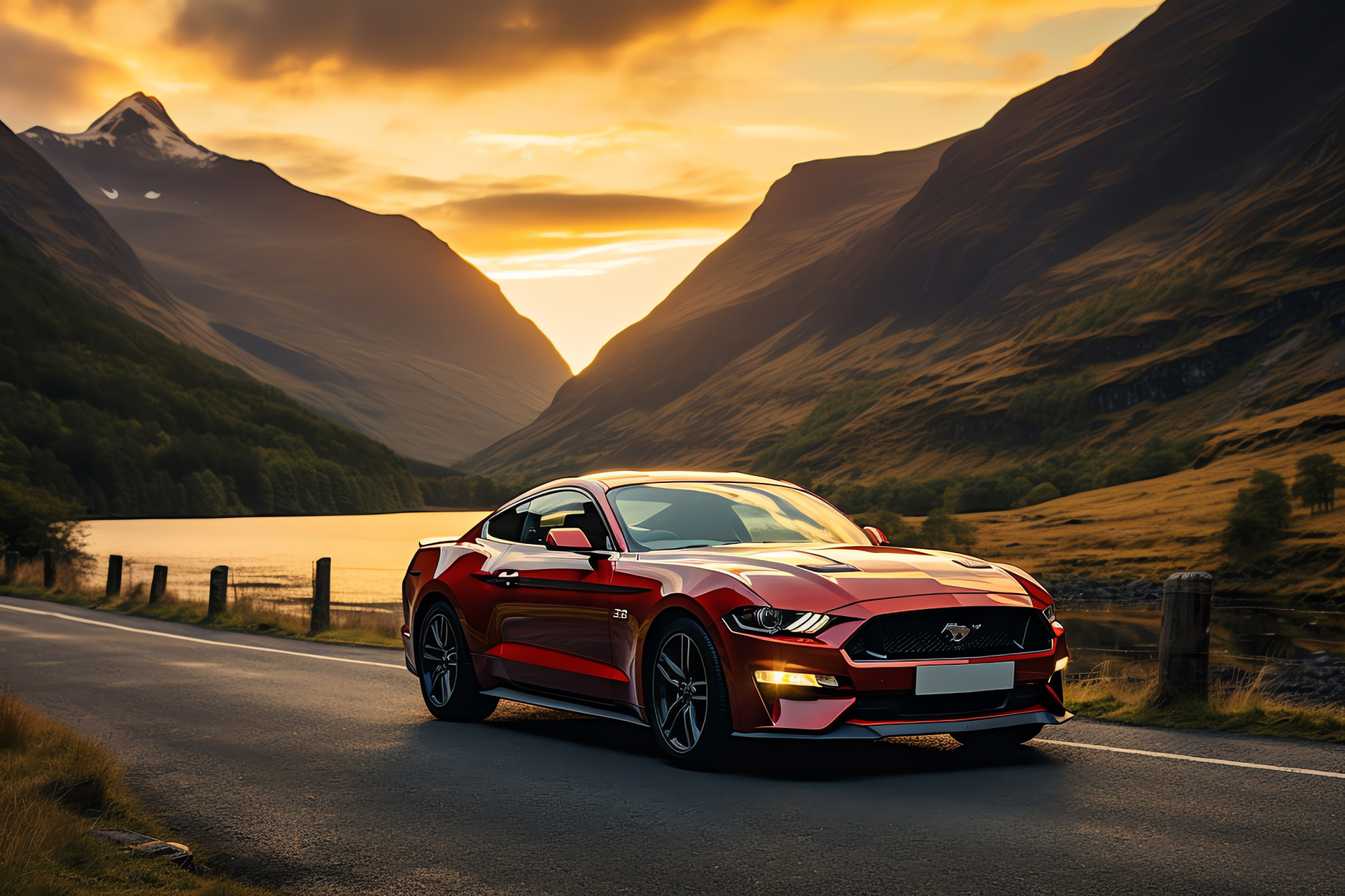 Ford Mustang, Scottish Highlands, Serpentine routes, Rugged summits, Scenic water bodies, HD Desktop Wallpaper