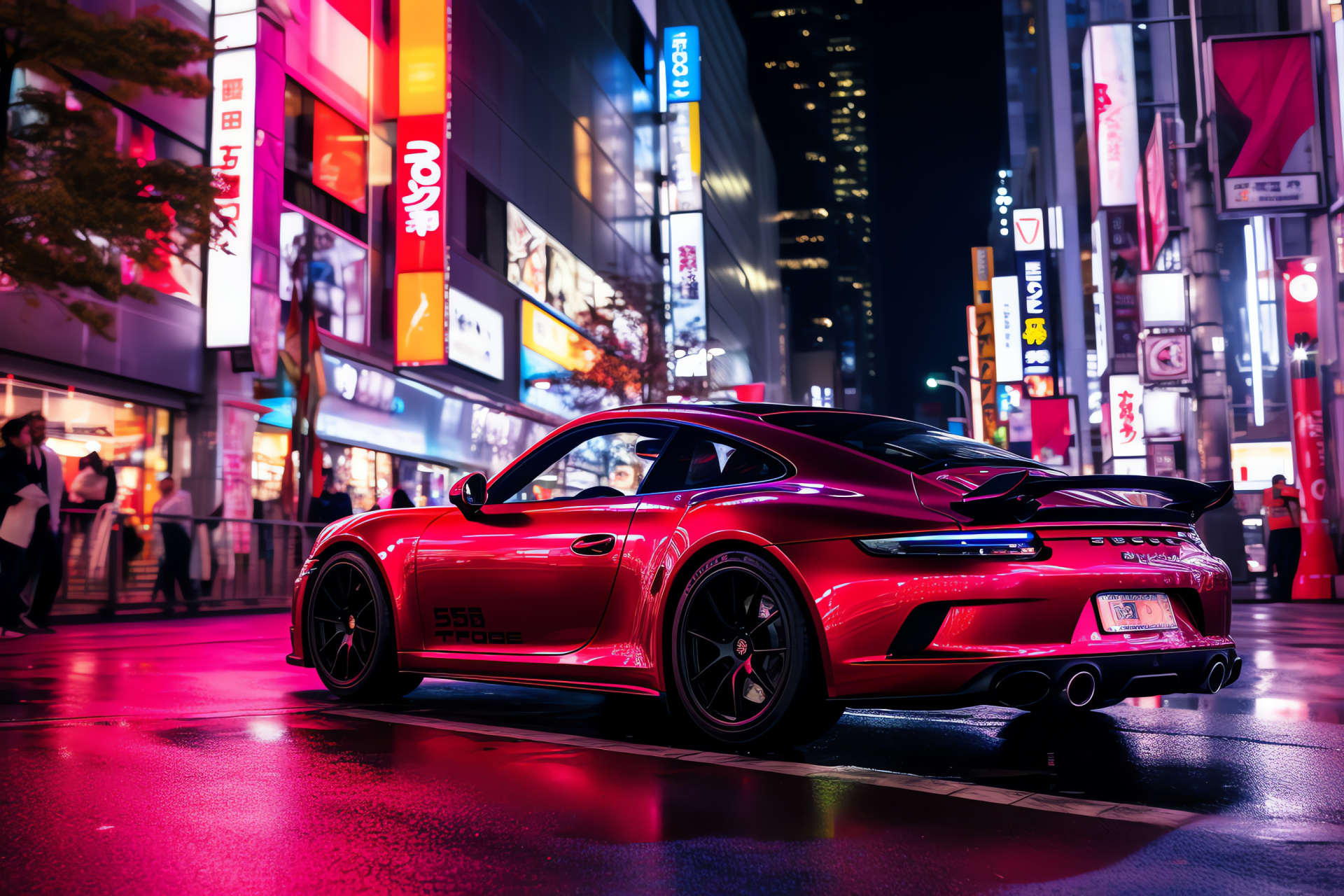 Porsche 718 Cayman GTS, Tokyo city vibe, Japanese urban setting, compact driving experience, bustling district atmosphere, HD Desktop Wallpaper