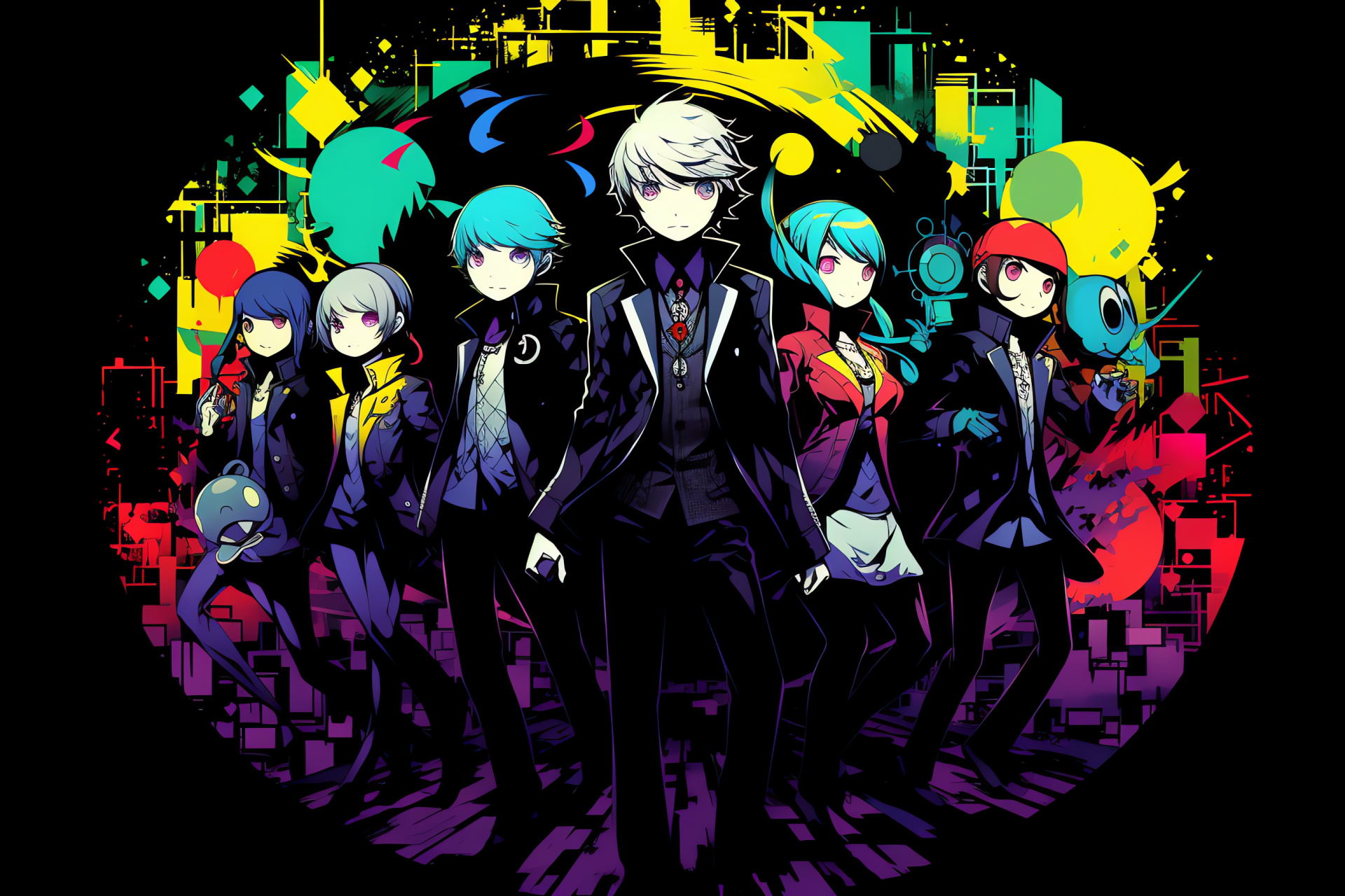 Persona Q RPG avatars, Mitsuru Kirijo among group, Aigis fighter, Animated character interaction, Video game affair, HD Desktop Image