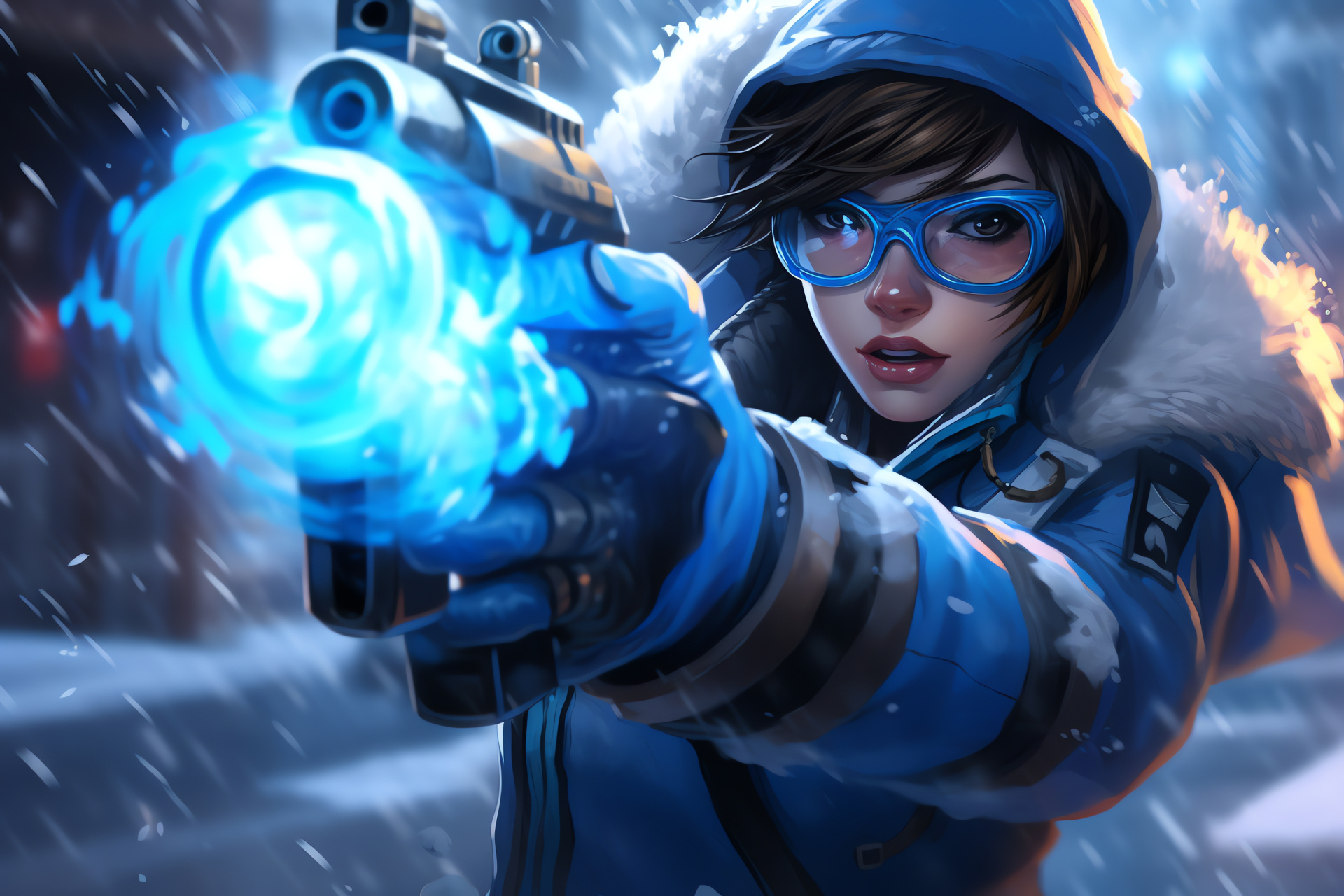 Overwatch Mei, Ice-based weapon, Freezing opponents, Icy blue hue, Gaming action, HD Desktop Image