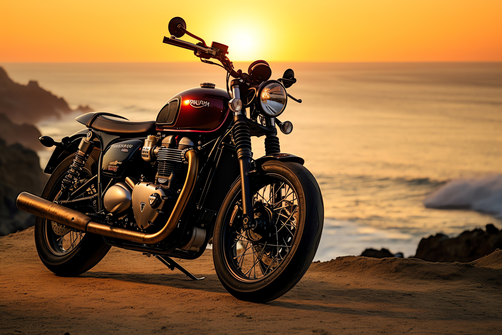 Triumph Bonneville in California, Bobber silhouette, Pacific coastline, Sunset ambiance, Cliffside highway, HD Desktop Image