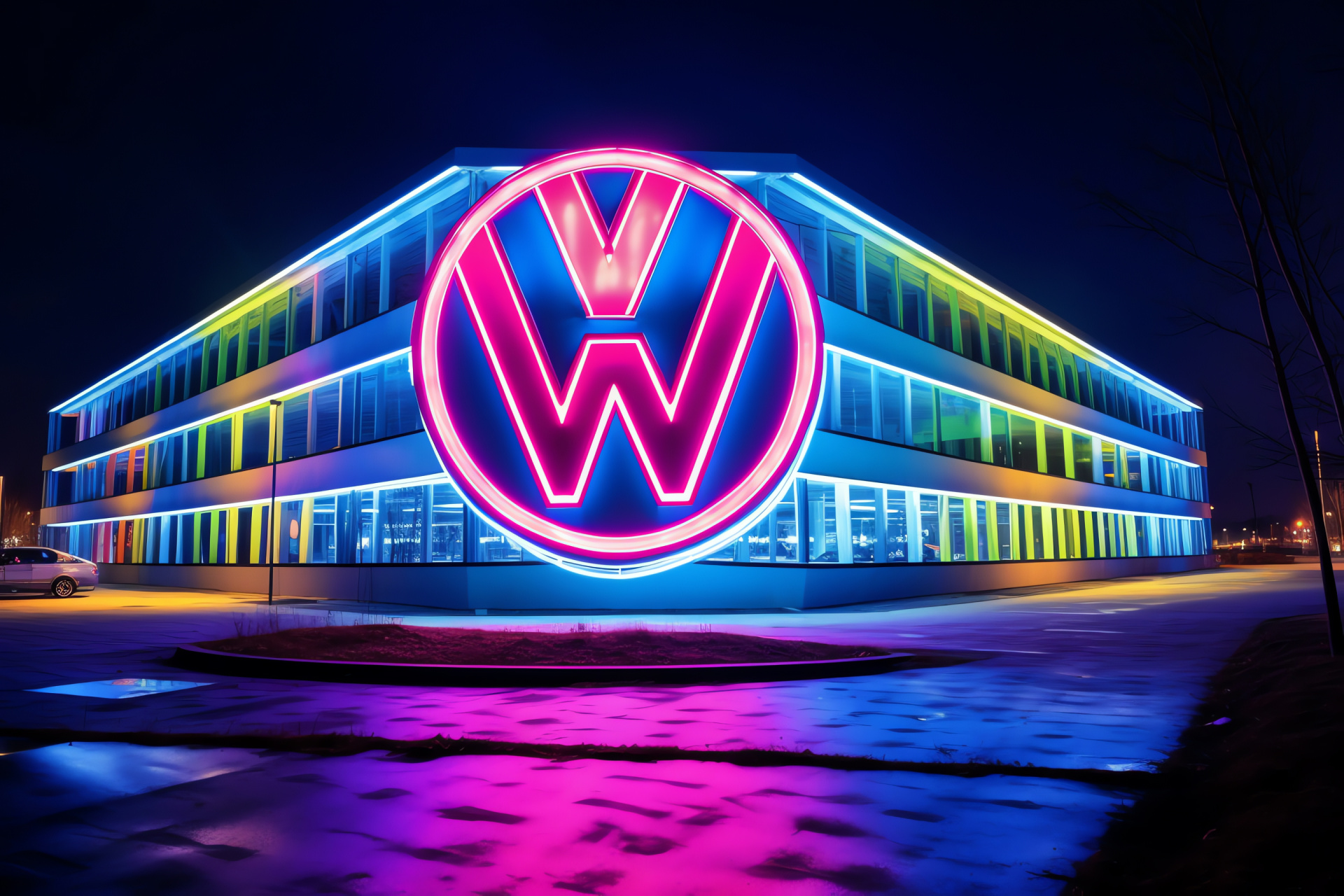 VW brand emblem, Wolfsburg landmark, nighttime glow, neon spectacle, HD Desktop Image