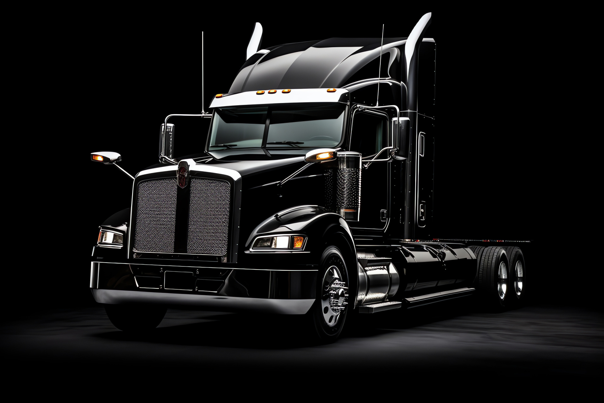 Mack Anthem Semi Truck, High-angle image, Polished silver appearance, Stark black background, Trucking industry, HD Desktop Image