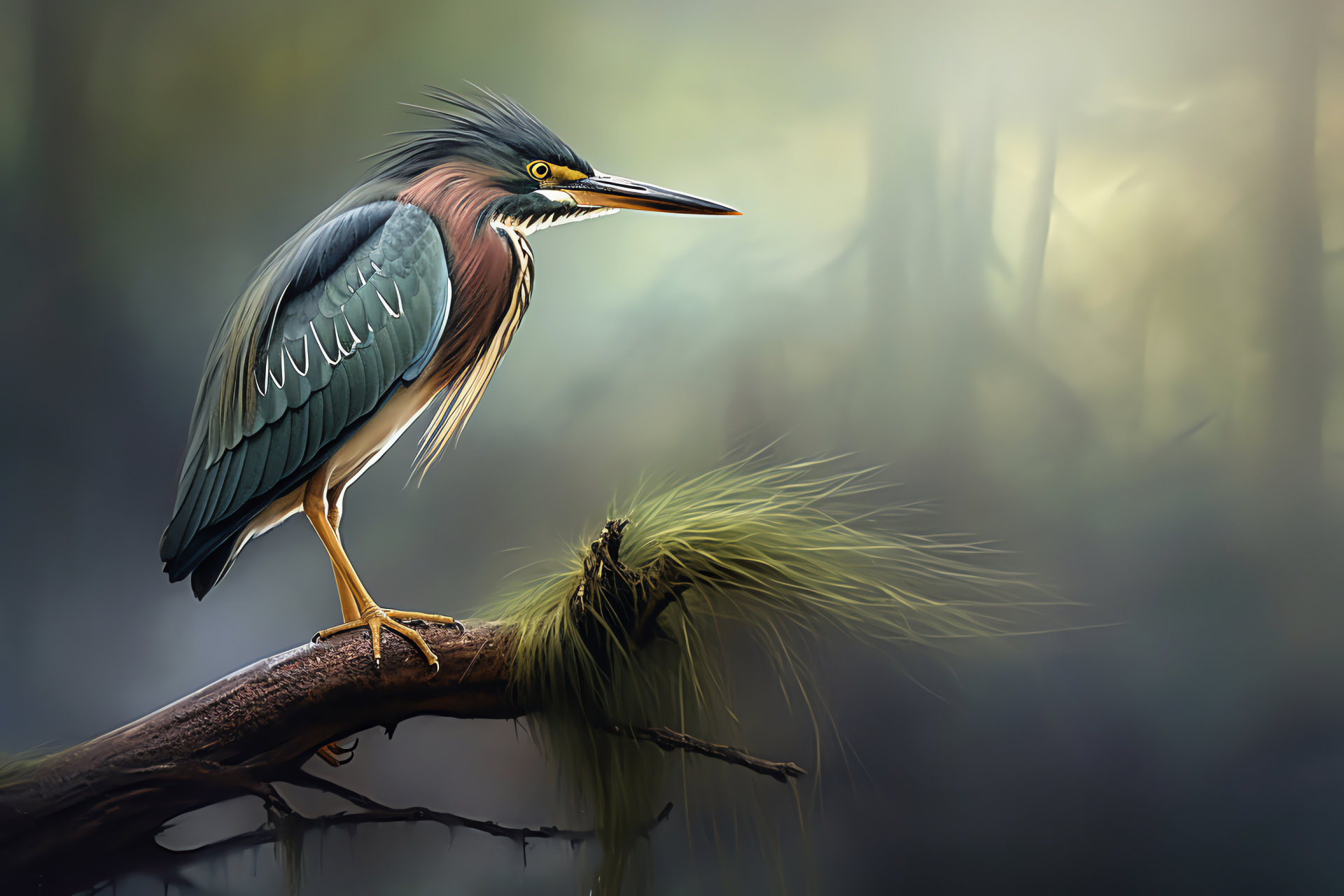 Green Heron, misty marshland habitat, dark greenish-blue plumage, avian precision, perched bird, HD Desktop Image