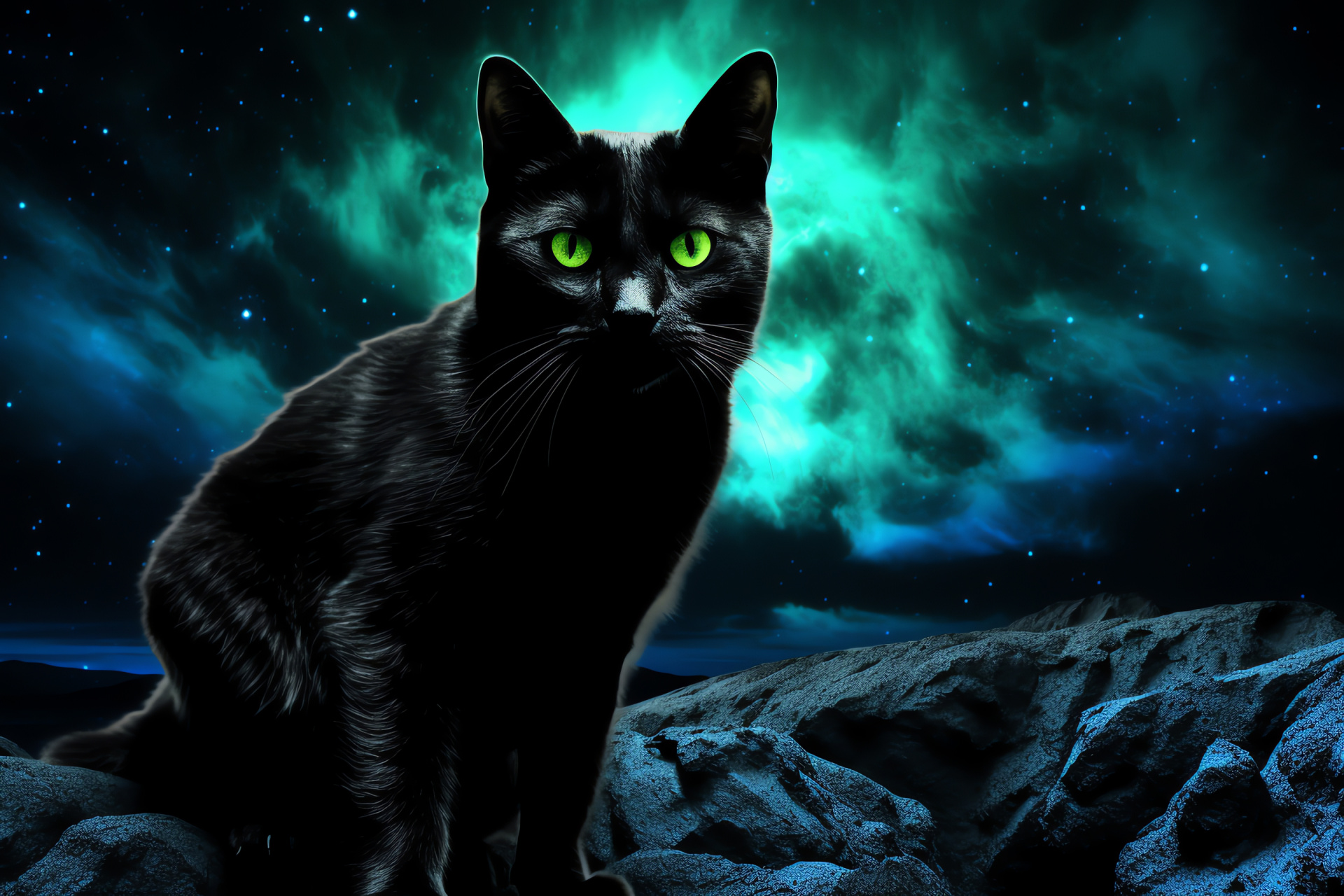 Space Cat feline, Cosmic housecat, Intergalactic animal companion, Explorer of alien terrains, Feline with celestial gaze, HD Desktop Wallpaper