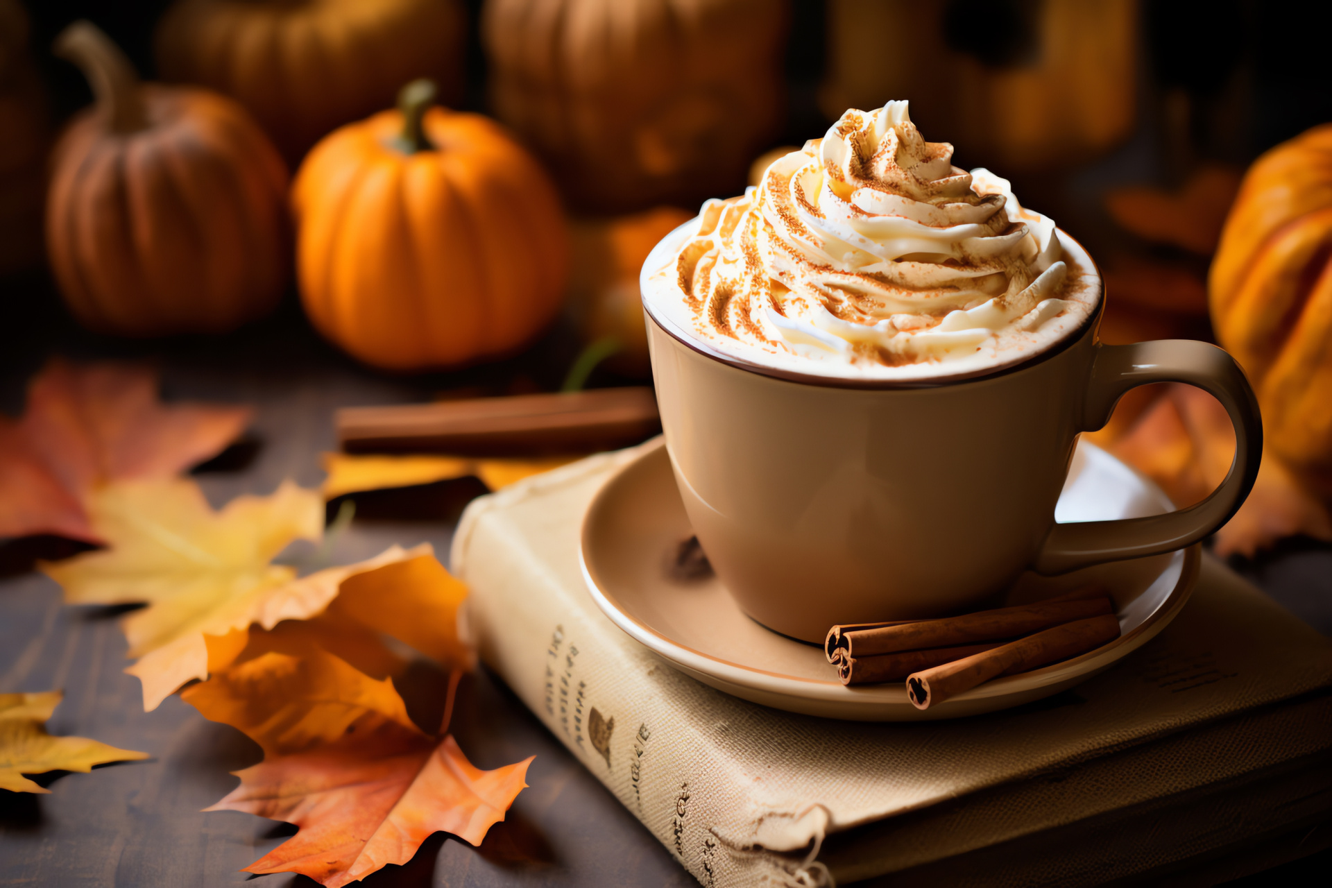 Pumpkin spice warmth, aromatic latte delight, cozy mug embrace, autumnal knits and reads, rustic foliage setting, HD Desktop Wallpaper