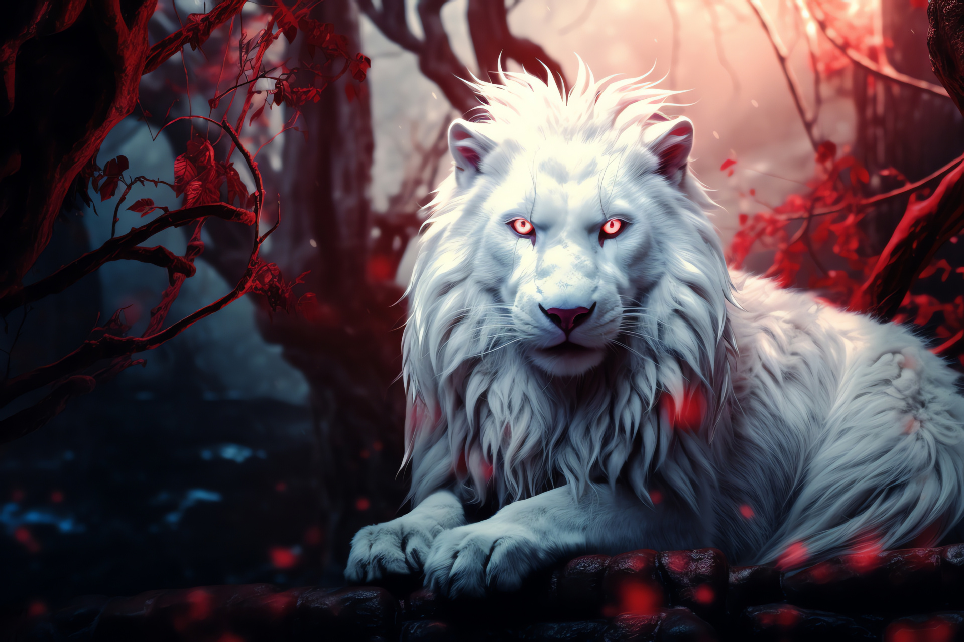 Mystic white lion, garnet gaze, frosty coat, arcane inscriptions, mythical woodlands, HD Desktop Image