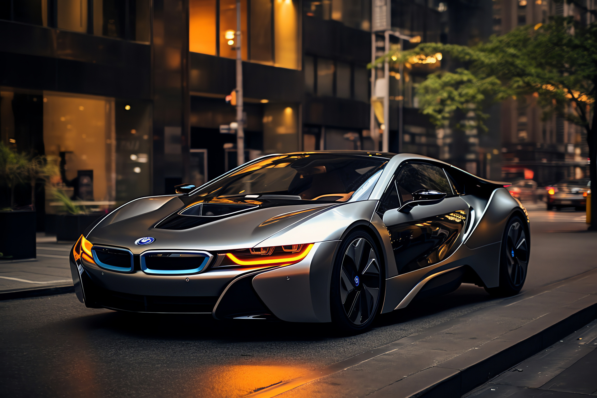 BMW i8 innovation, Manhattan skyline, Contemporary design, Urban architectural giants, Metropolis drive, HD Desktop Image