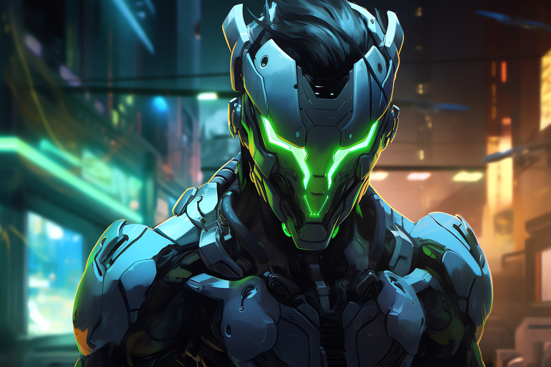 Cyber-ninja Genji, detailed armor, Overwatch gaming, character closeup, futuristic warrior, HD Desktop Image