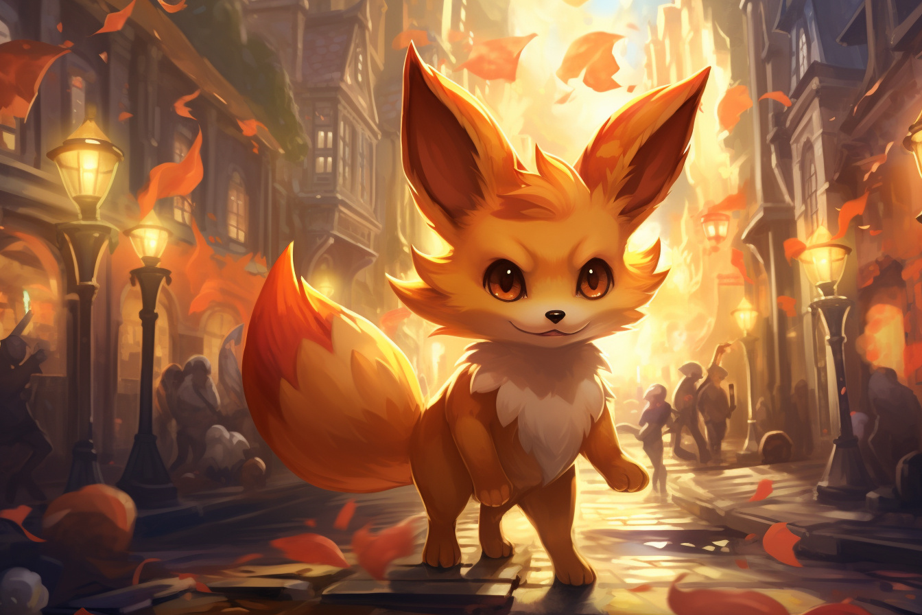 Animated Pokemon Fennekin, fantasy fire fox, animated marketplace scenery, vivid orange hues, luminous character, HD Desktop Wallpaper