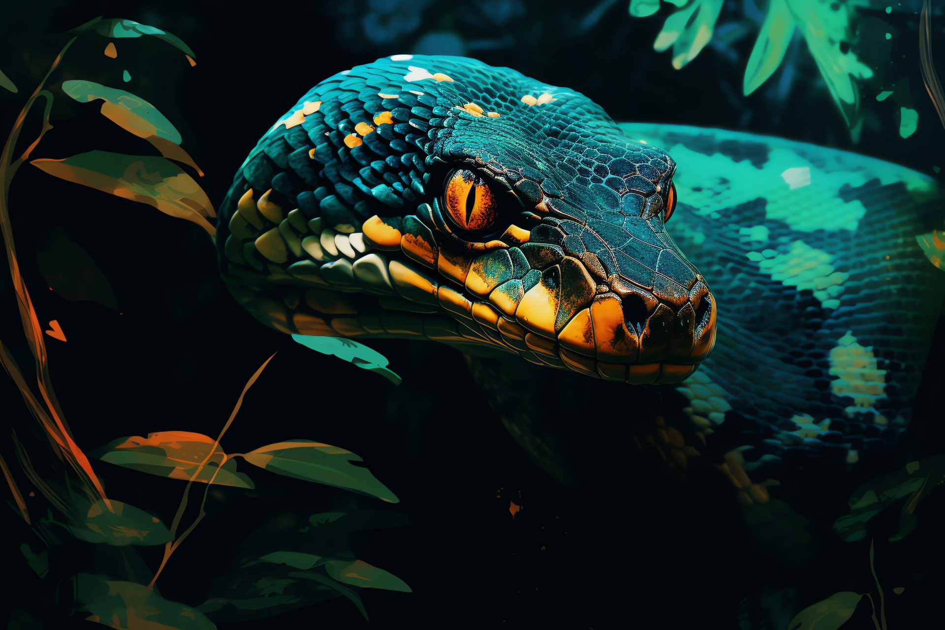 Anaconda Amazon habitat, Reptile dark-green body, Anaconda black-eyed, Rainforest coiled snake, Reptile detailed texture, HD Desktop Wallpaper