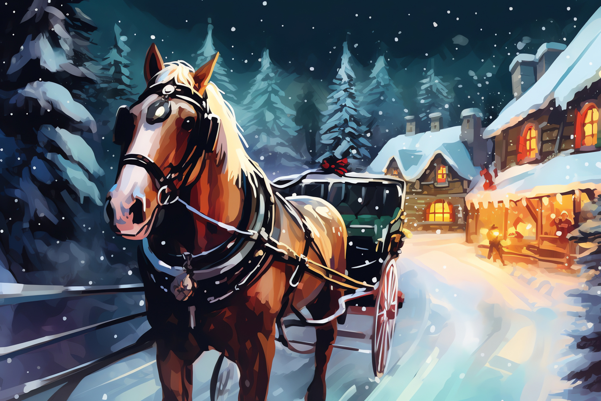 Equestrian winter charm, Sleigh-pulled chestnut, Snowy village ambiance, Sleek equine coat, HD Desktop Wallpaper