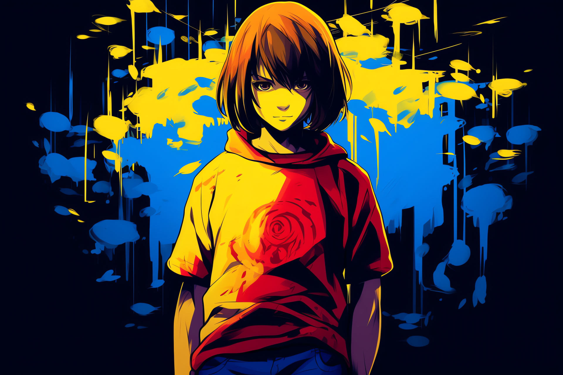 Red-eyed Frisk, Undertale visual, Protagonist art, Full character illustration, Game universe portrayal, HD Desktop Image