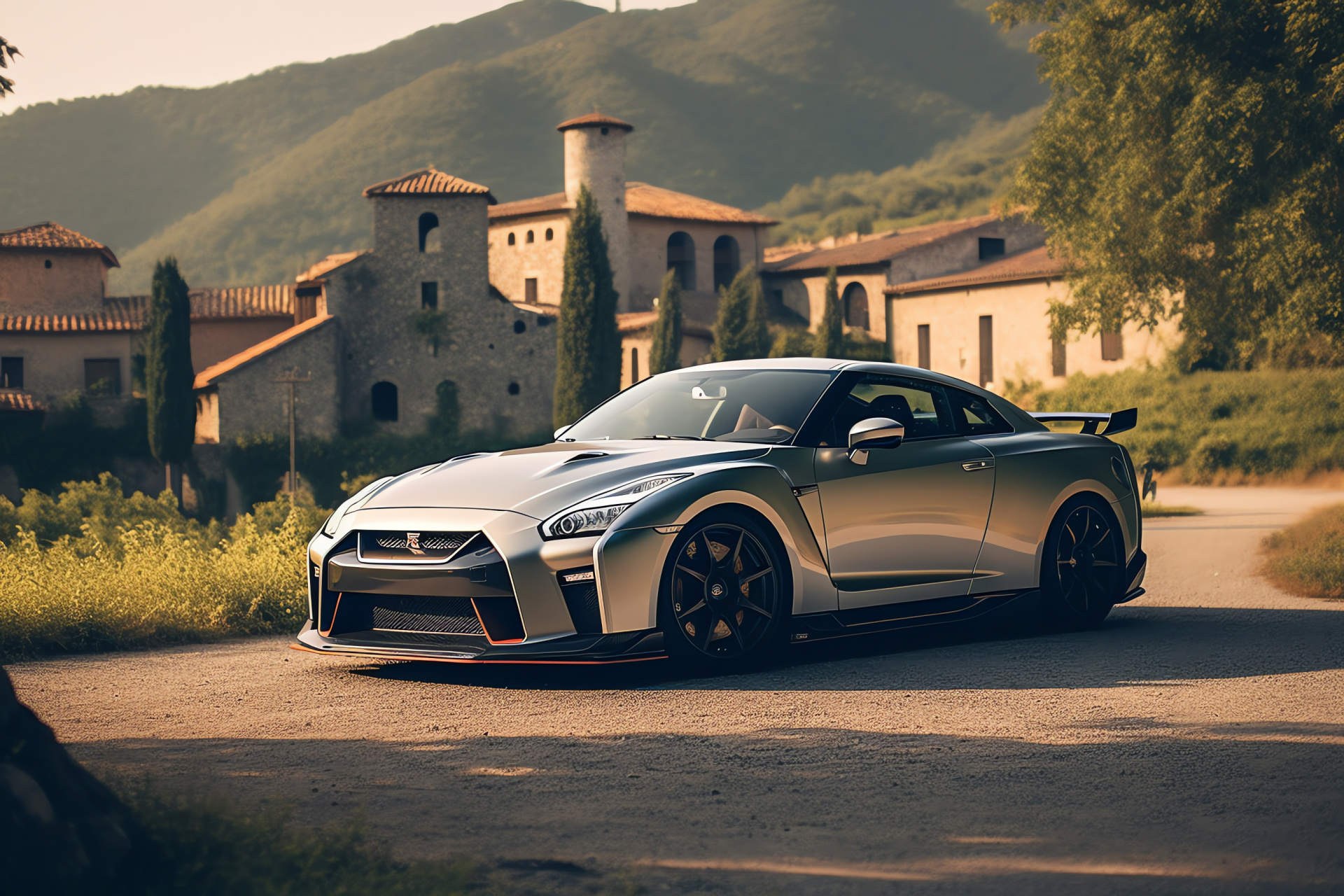 Nissan GTR R35 Italdesign, Italian roads, Luxury grand tourer, Silver-gold detail, Scenic drives, HD Desktop Wallpaper