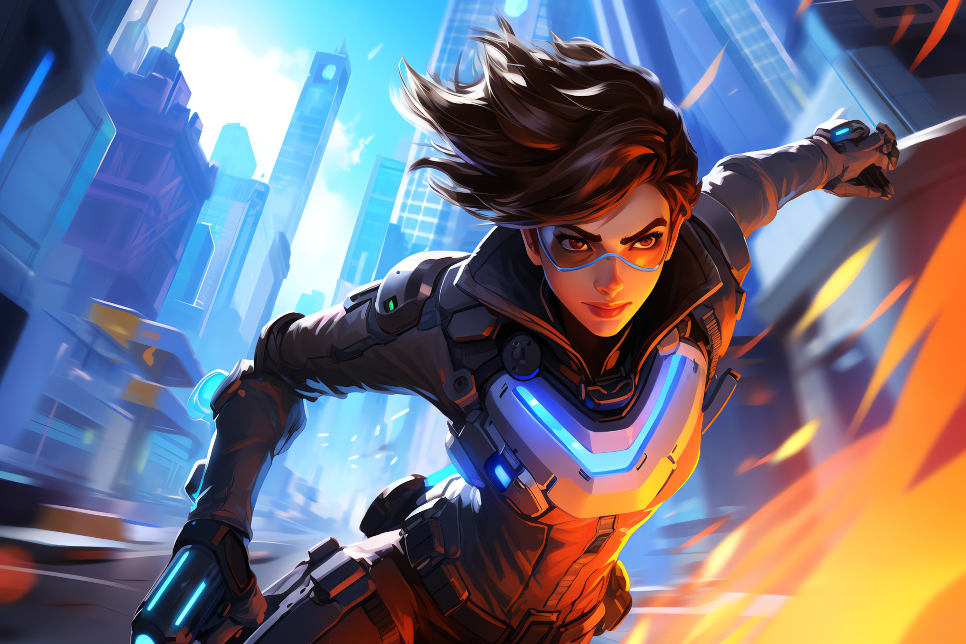 Tracer of Overwatch, Gamer artwork, Next-gen graphics, Lively artwork scene, Metropolitan energy, HD Desktop Wallpaper