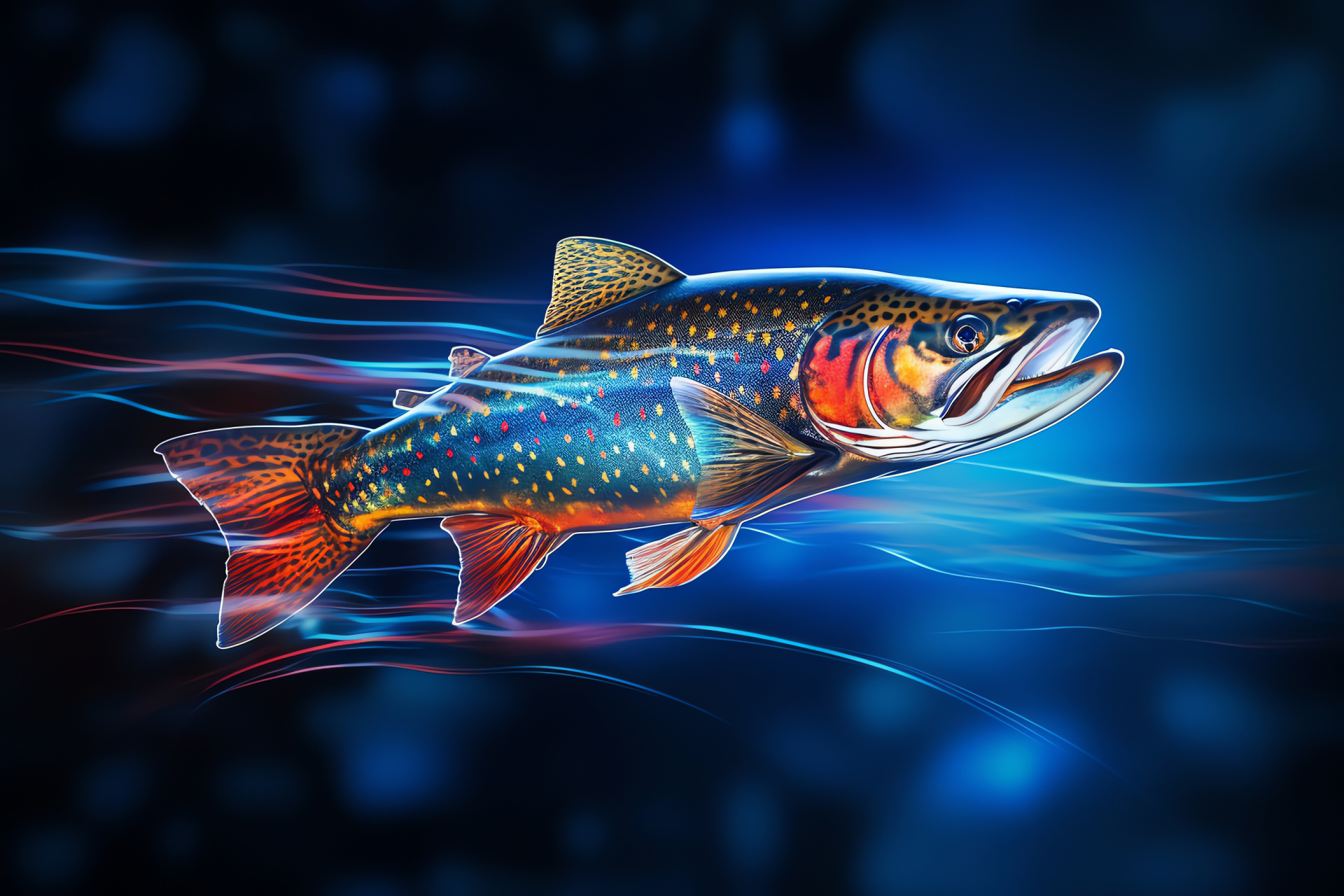 Freshwater fish species, Brook Trout submerged, Blue-hued trout gliding, Aquatic life side perspective, Fish vibrant tones, HD Desktop Wallpaper