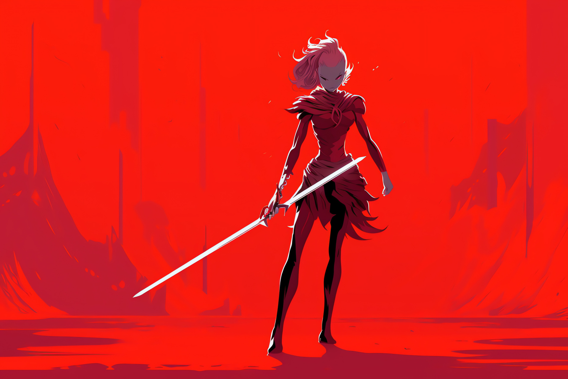 Undyne's piercing look, Battle weapon spear, Monochrome crimson scene, Undertale warrior, Video game battle, HD Desktop Wallpaper