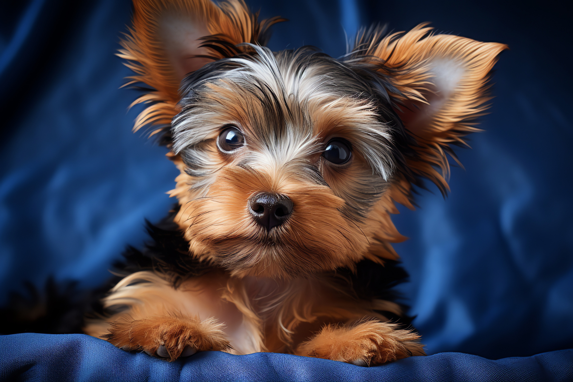 Yorkie puppy features, Yorkshire Terrier close-up, Canine bright eyes, Fur texture detail, Puppy expression, HD Desktop Wallpaper