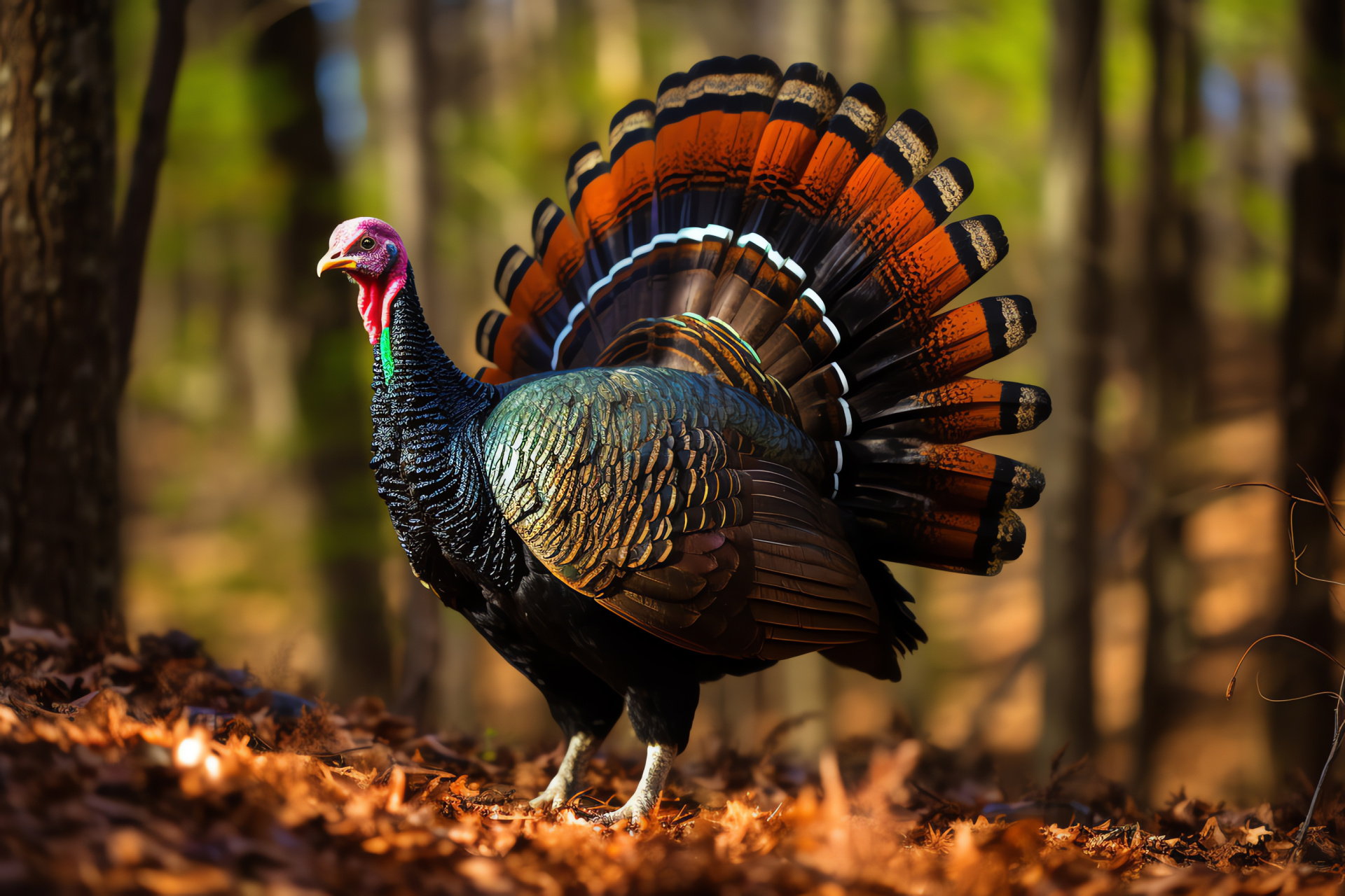 Wild Turkey, expansive feathers, russet shades, metallic luminescence, ornate presentation, HD Desktop Wallpaper