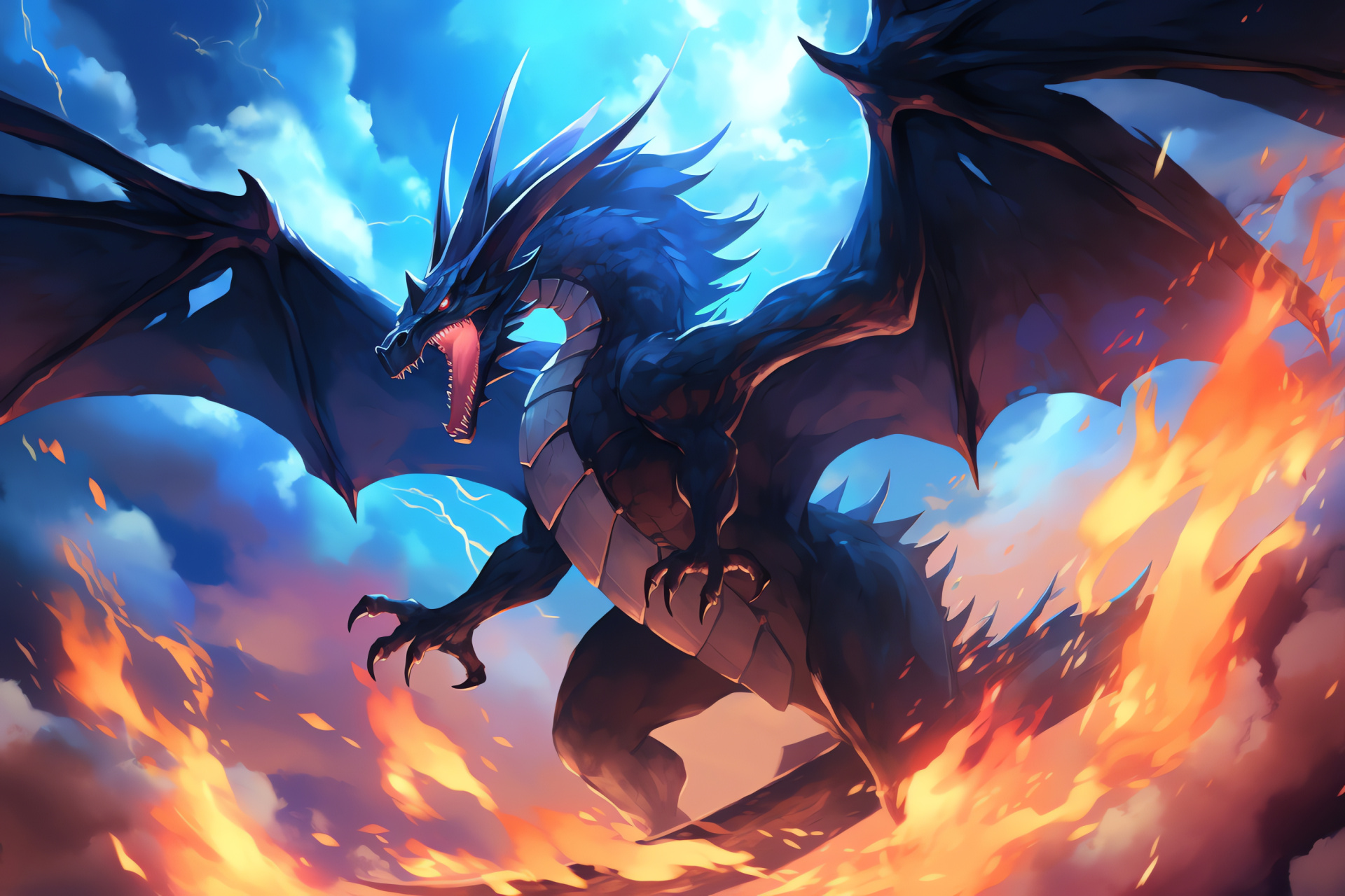 Mega Charizard agility, gaming skies, winged dragon, fiery breath, cerulean inferno, HD Desktop Image