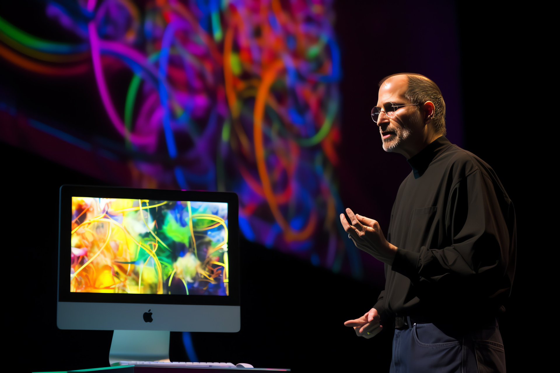 Steve Jobs, Personal computing revolution, Engaging presenter, Silicon Valley history, Iconic product release, HD Desktop Image