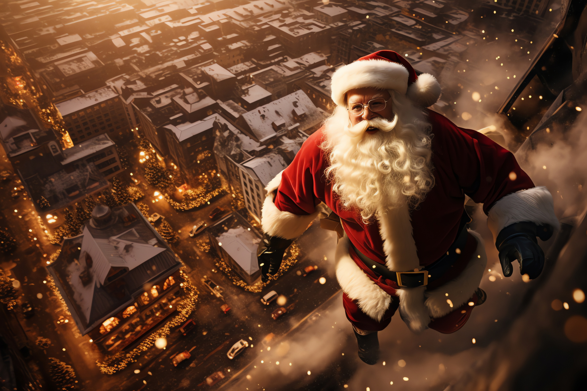 Santa in metropolis, Vibrant holiday scene, Festive urban decor, Luminous splendor, Seasonal shopping, HD Desktop Image