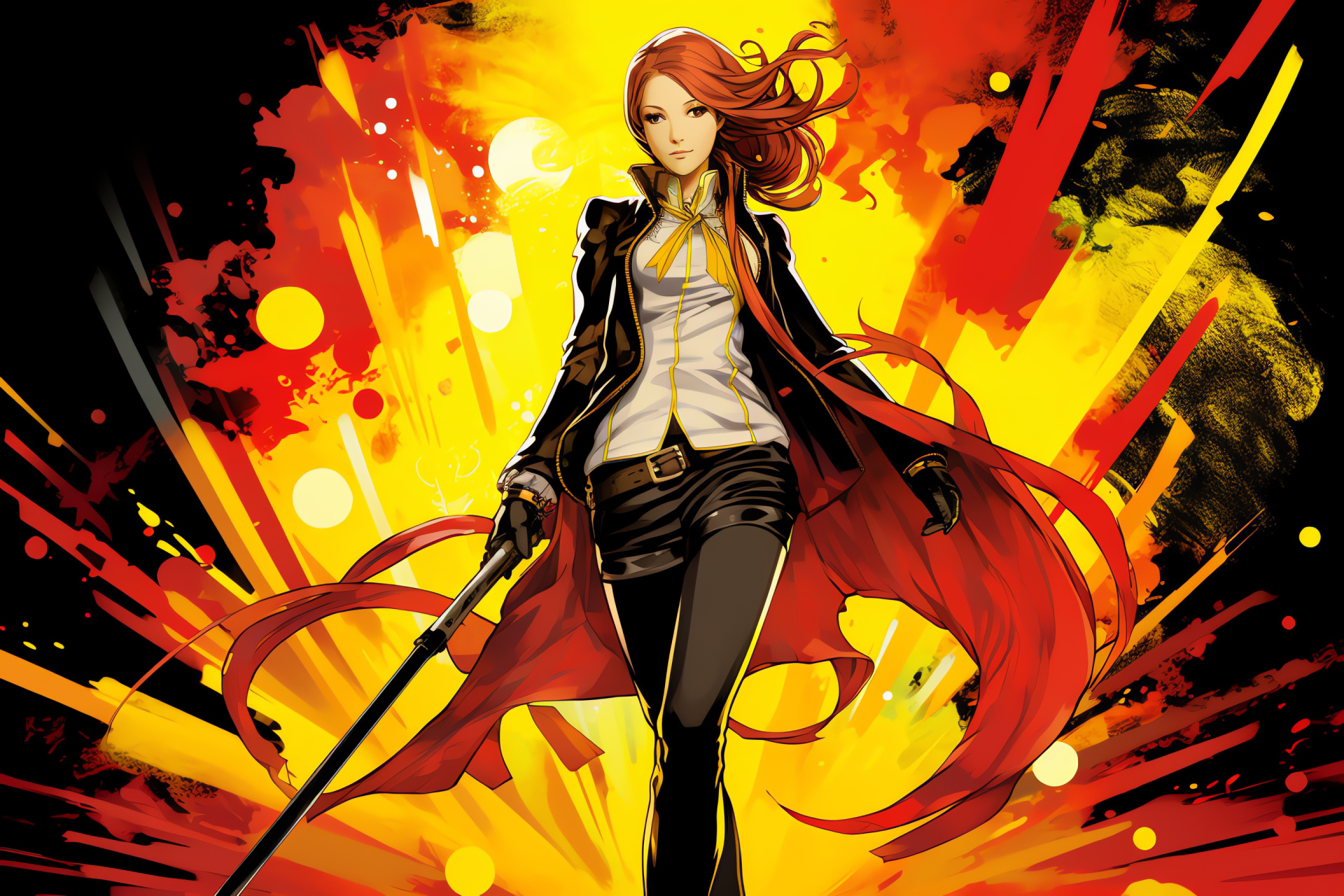 Persona 4 Mitsuru Kirijo, Intense azure gaze, Flame-haired, Professional crimson garment, Game avatar, HD Desktop Wallpaper