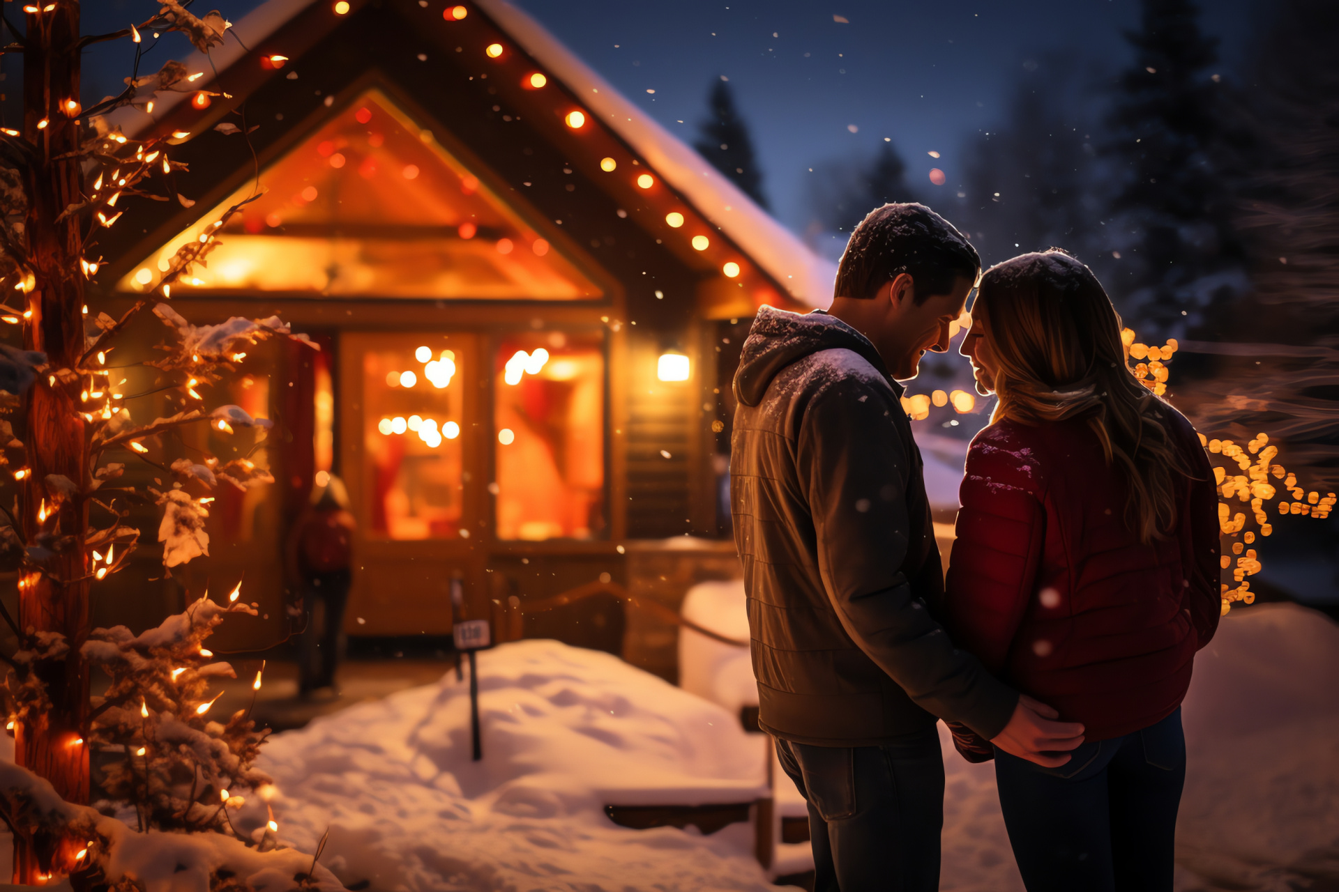 Winter landscape with cabin, Snow-capped summit, Romantic holiday retreat, Festive mountain lodge, Christmas vacation setting, HD Desktop Wallpaper