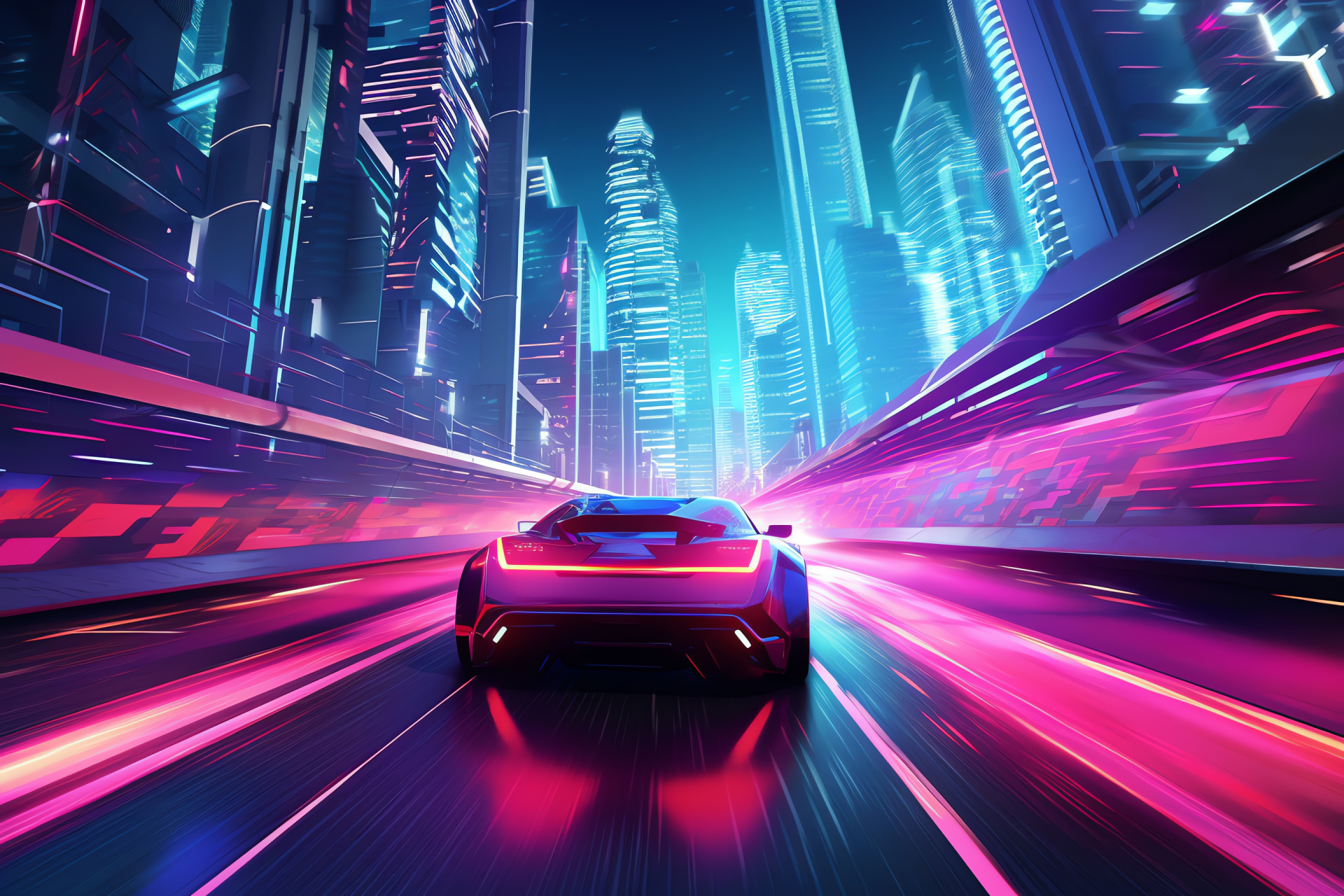 Automobile in Cyberverse realm, digital urban design, neon city atmosphere, elevated perspectives, HD Desktop Wallpaper