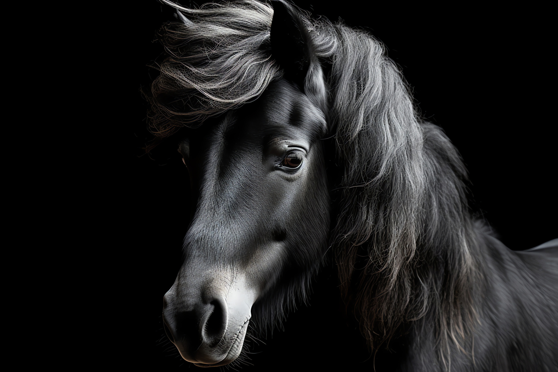 Compact equine, Gray pony curls, Horse close-up, Monochrome background, Detail equestrian image, HD Desktop Image