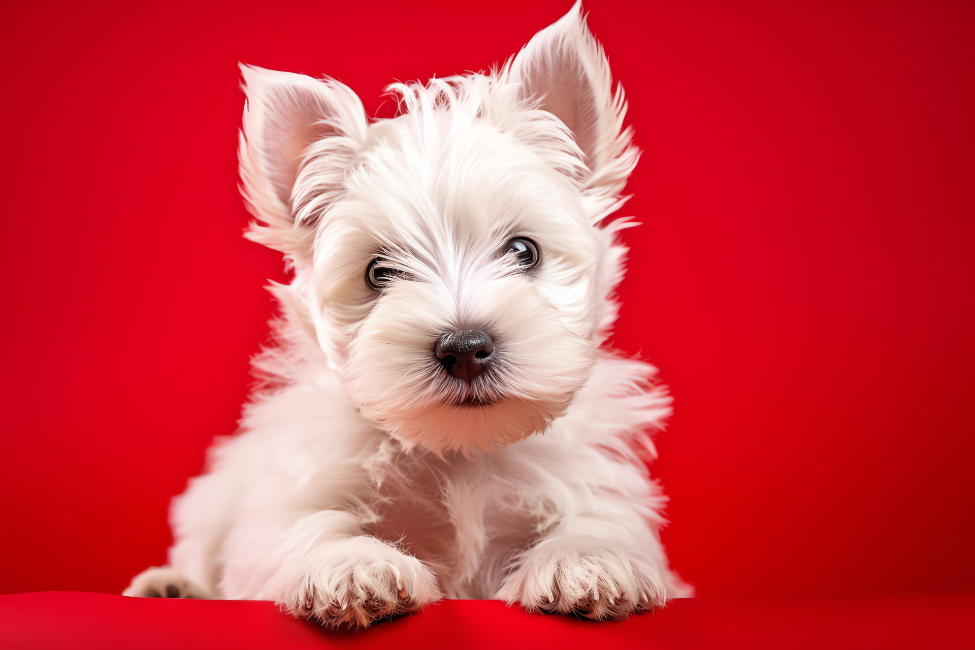 Creamy Westie fur, curious dog stare, wide-angle canine shot, solid red setting, white terrier breed, HD Desktop Image